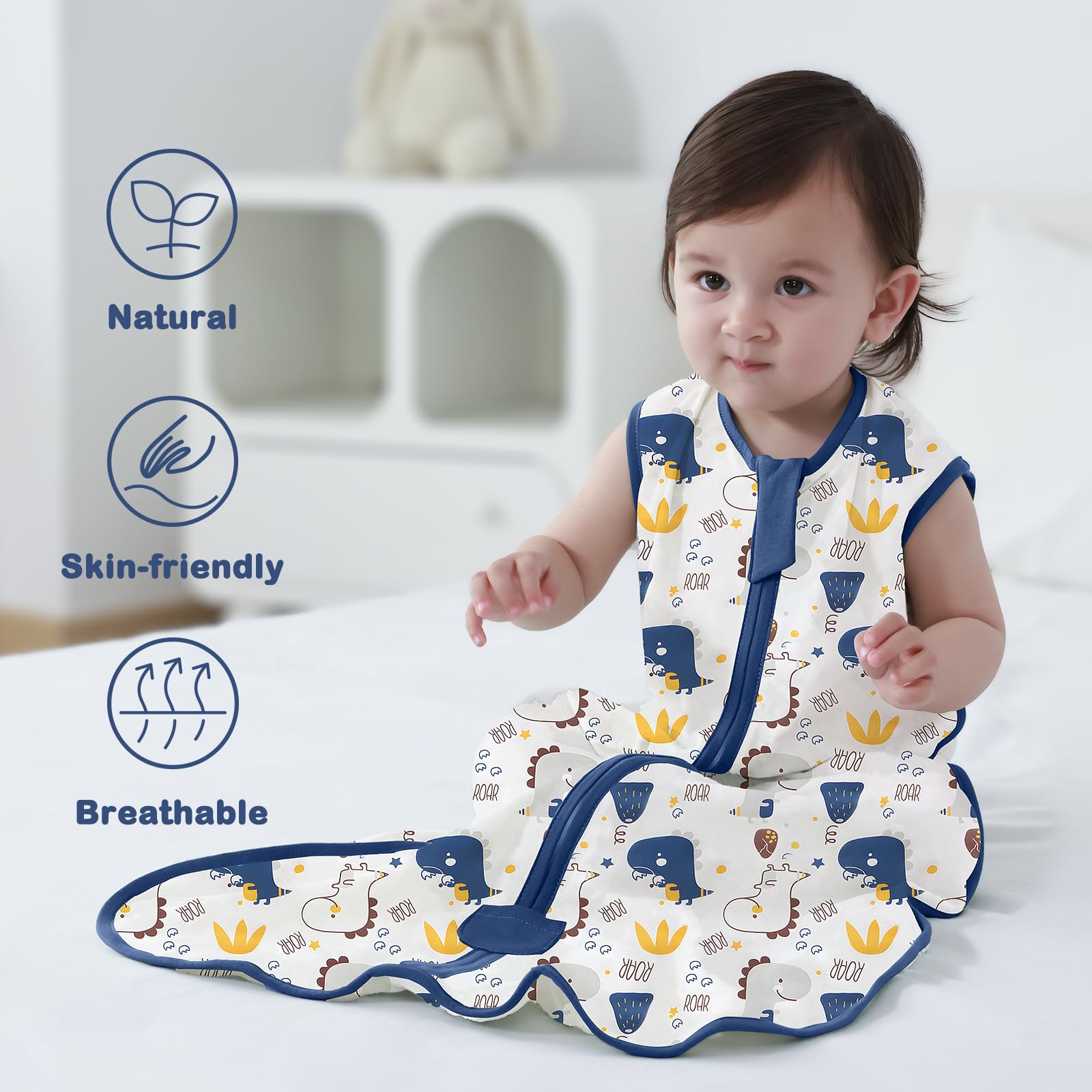 MIKAFEN 2pc Baby Sleeping Bag Spring and Summer 0.5Tog,Cotton Sleeveless Baby Sleep Sack/Baby Swaddle,Dinosaur&DarkBlue 0-6months - Image 2