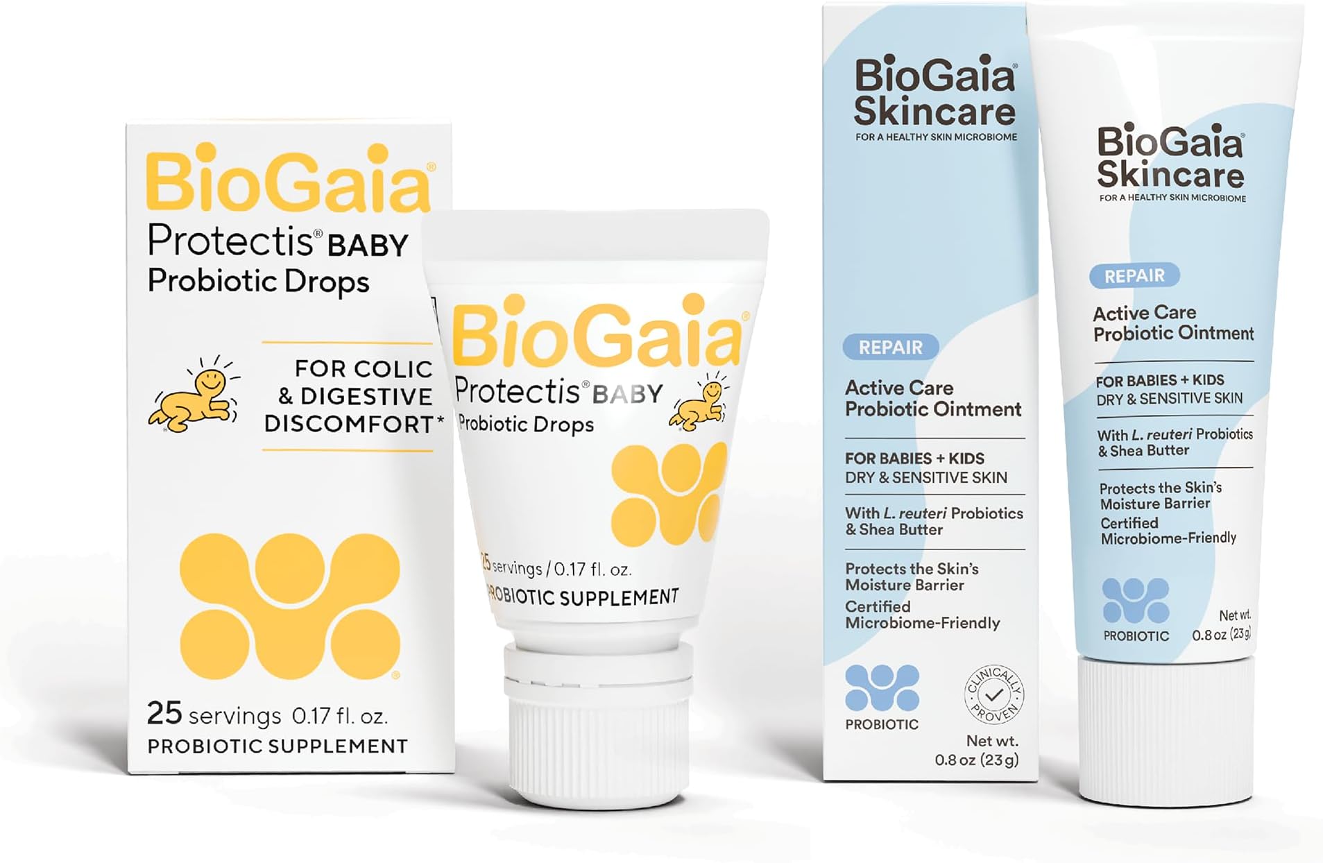 Baby Probiotic Essentials For Digestive & Skin Health | Drops Ease Colic, Gas & Tummy Issues | Ointment Soothes & Hydrates Dry, Irritated Skin