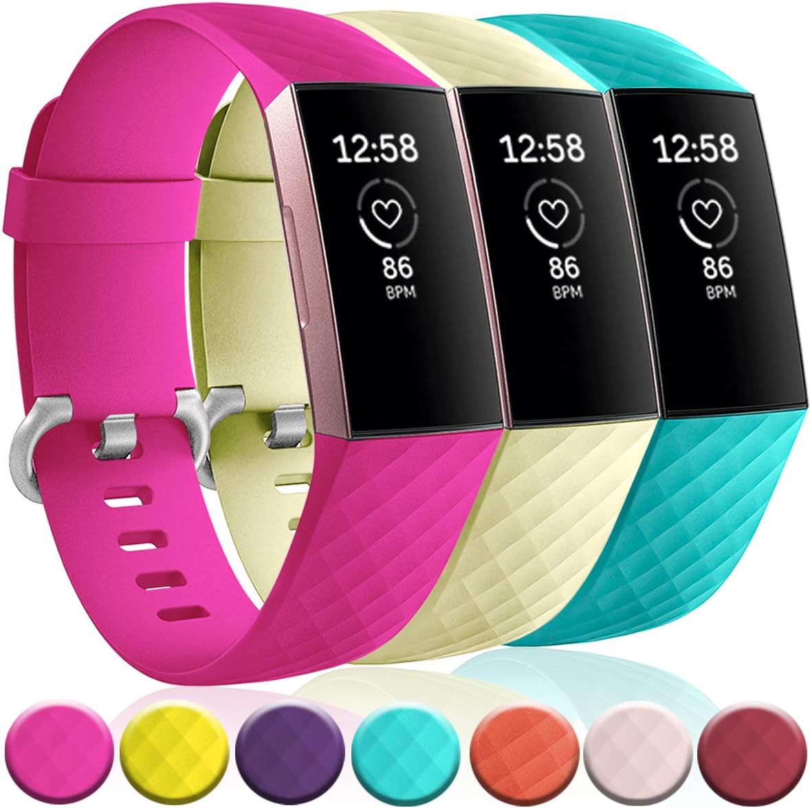 Bands Compatible with Fitbit Charge 4 / Fitbit Charge 3 / Charge 3 SE, Waterproof Replacement Sports Watch Strap Wristbands for Women Men, Small, Rose Pink/Teal/Cream Yellow