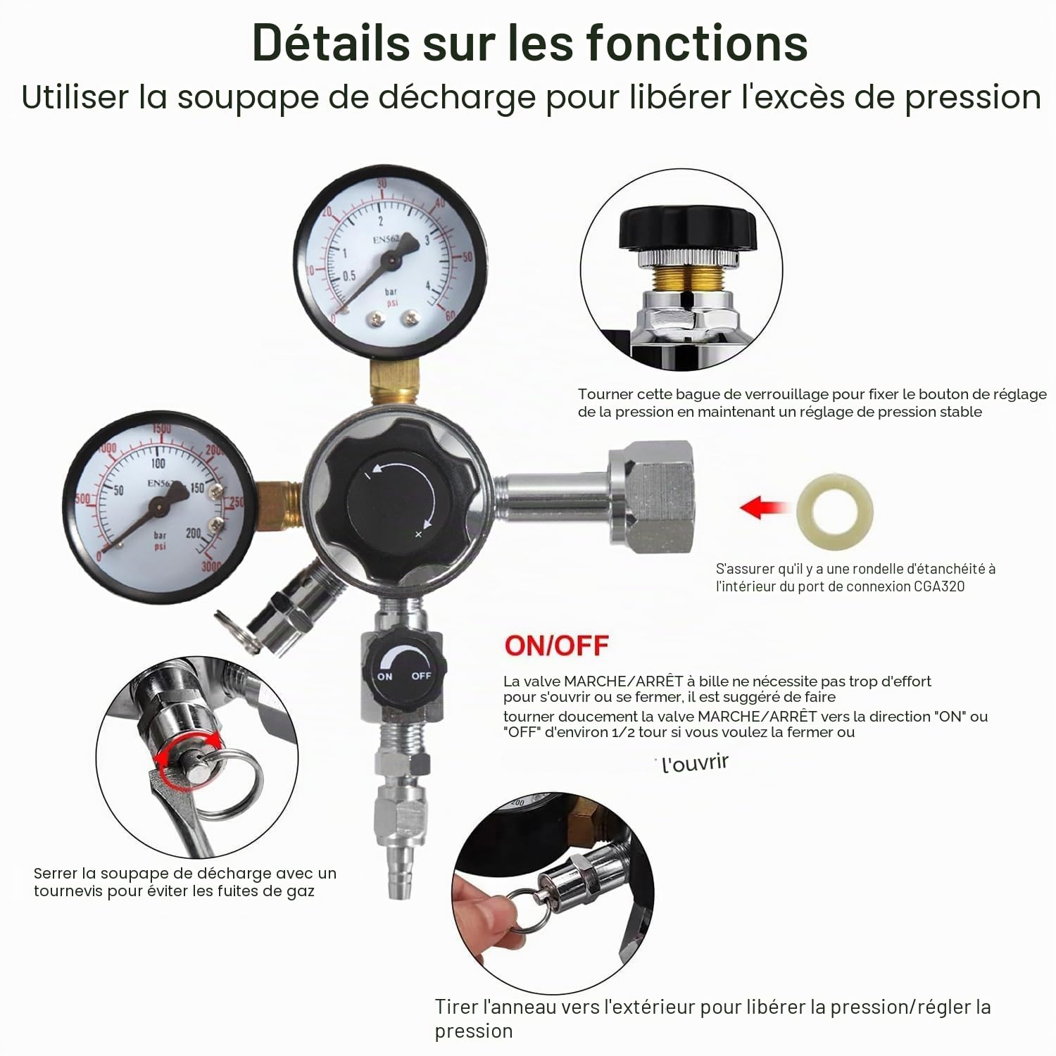 Régulateur De Pression Co2,Détendeur Bière,Réducteur De Pression Co2 De Fût,Double Manomètre w21,8,Pression De Service 0-60 Psi,Pour Distributeurs De Bière, Brassage De Bière, Tireuse à Bière