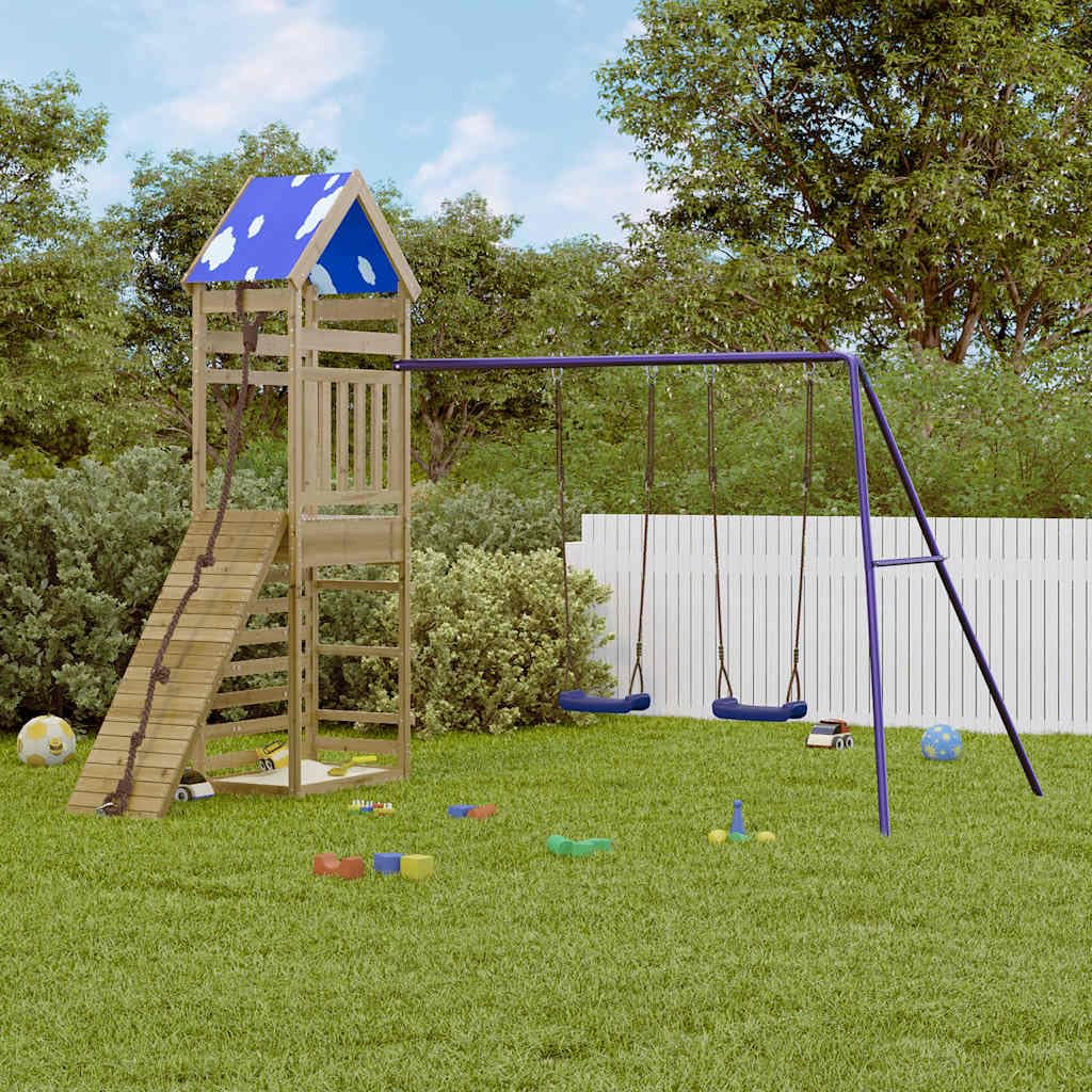 Spielturm aus imprägniertem Kiefernholz mit Schaukel, Rutsche, Klettergerüst und Sandkasten für Garten, Terrasse, Outdoor Spielplatz, Kinderspielhaus mit Leiter, Seil, Rampe und Sicherheit