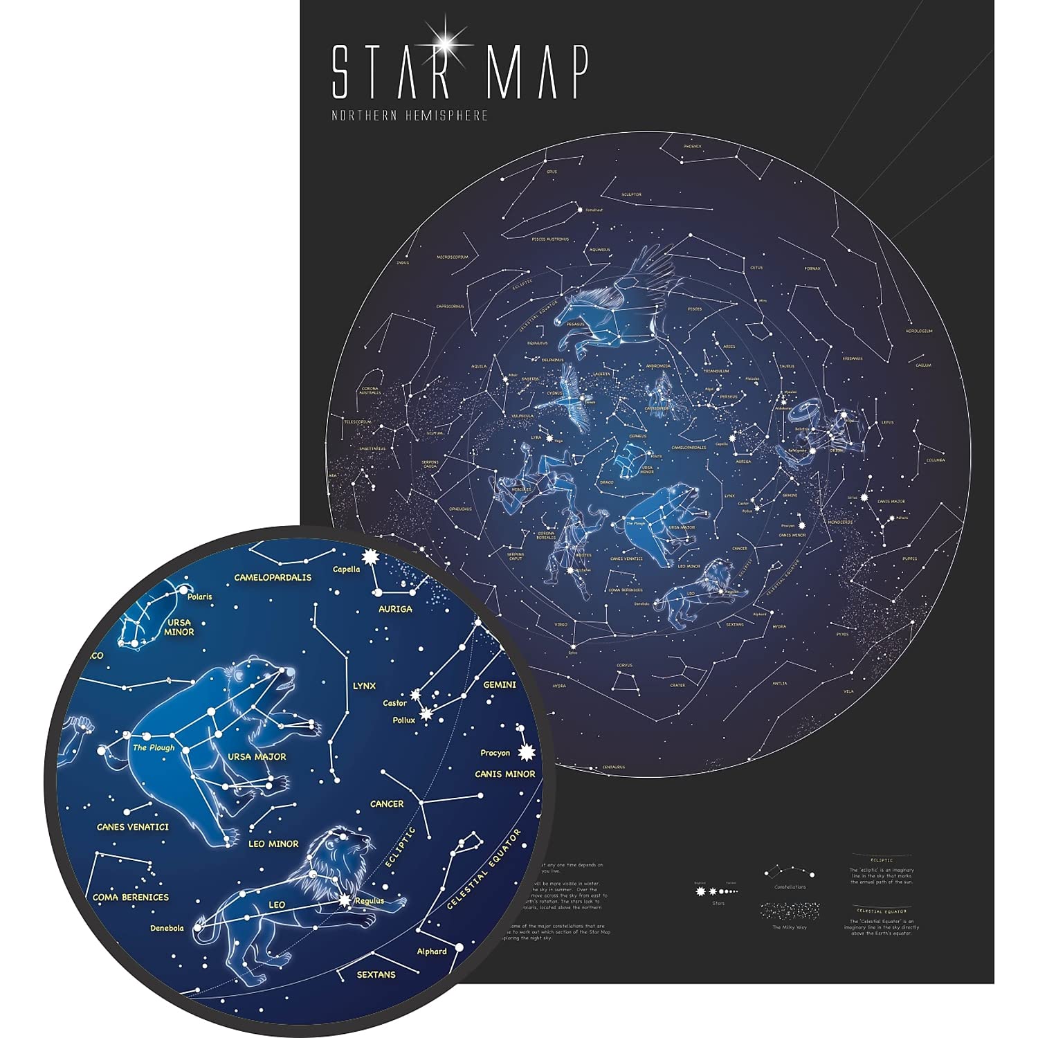 Waypoint Geographic Glow in The Dark Star Map, Laminated Map of The Stars and Constellation, Durable Reference Map, Stunning Wall Art for Star Gazers, 33" x 23"