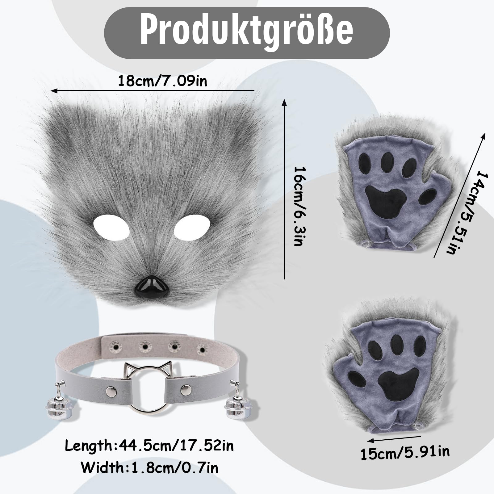 Xerteam Faux Fur Fox Costume, Fluffy Cat Wolf Cosplay Costume Set Plush Fox Tail Mask Bells Necklace Gloves - Image 2