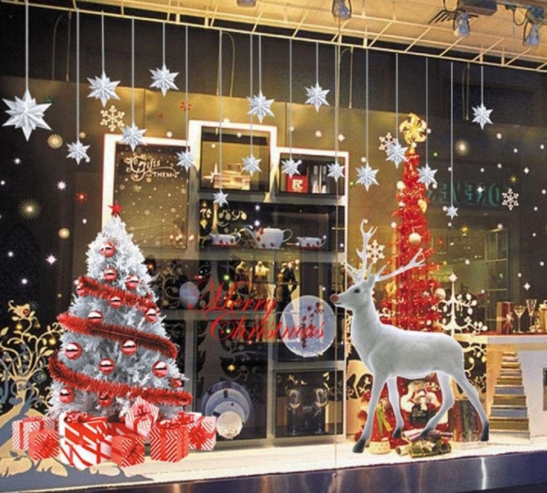 TBSCWYF Grande Árbol De Navidad Blanco Alces Pegatinas Navidad Ventana de Pared Feliz Navidad Pegatinas Decorativas Vinilos Navideños de Puerta Extraíble para Escaparate Decoracion Navideña