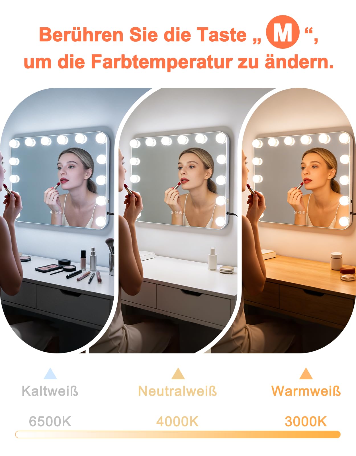 Hollywood Specchio da trucco con illuminazione – 50 x 40 cm LED Vanity Mirror piccolo specchio cosmetico con luce da tavolo, 3 modalità, touch dimmerabile
