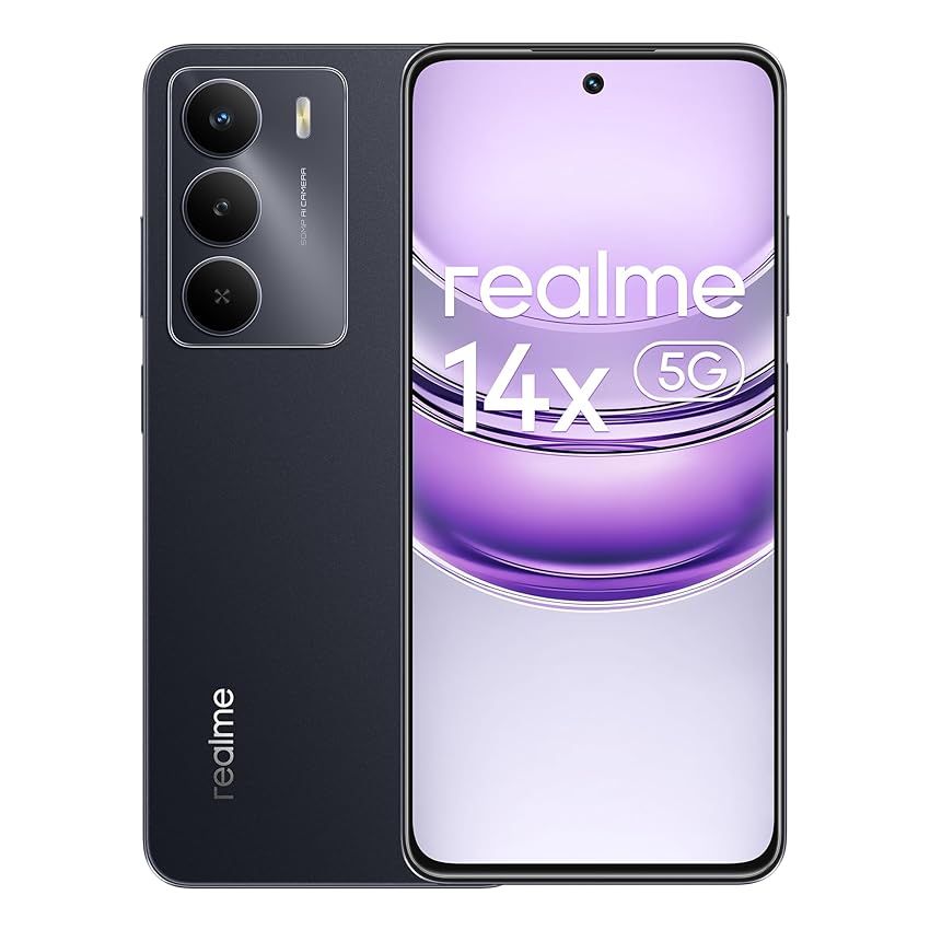realme 14x 5G Smartphone 8+256GB, Nero Carbonio, Schermo 6.67 pollici, Refresco a 120Hz, Batteria 5000mAh, Fotocamera AI da 50MP, MediaTek Dimensity 6300, Protezione ArmorShell, IP64, Smartphone