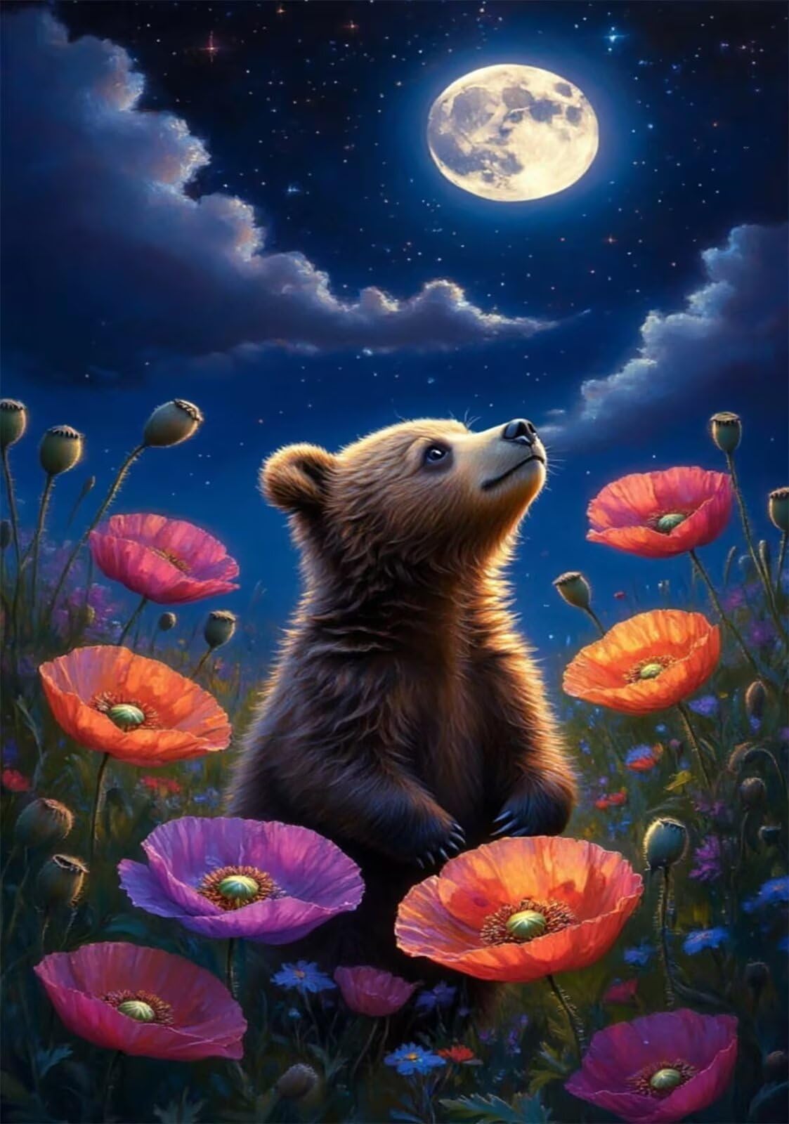 Puzzle 1314 Teile Erwachsene, Mohnblumen Bären Mond Puzzle, Impossible Klassische Puzzles zum Stressabbau, Wanddekoration und Geschenk für Erwachsene 75x50 cm