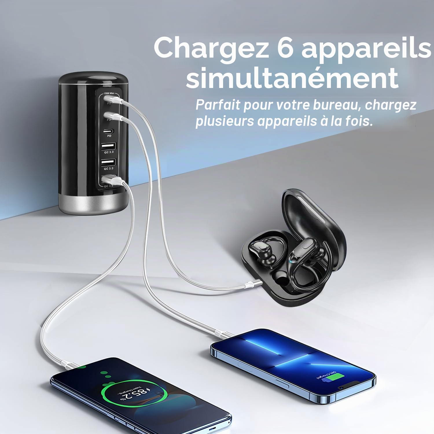 Chargeur Multiple 60W avec USB-C 20W et USB 18W - Compatible iPhone 14 13/Samsung/Note/Fold/Pixel/Xiaomi/iPad/Tablettes et Autres Appareils (Gris)
