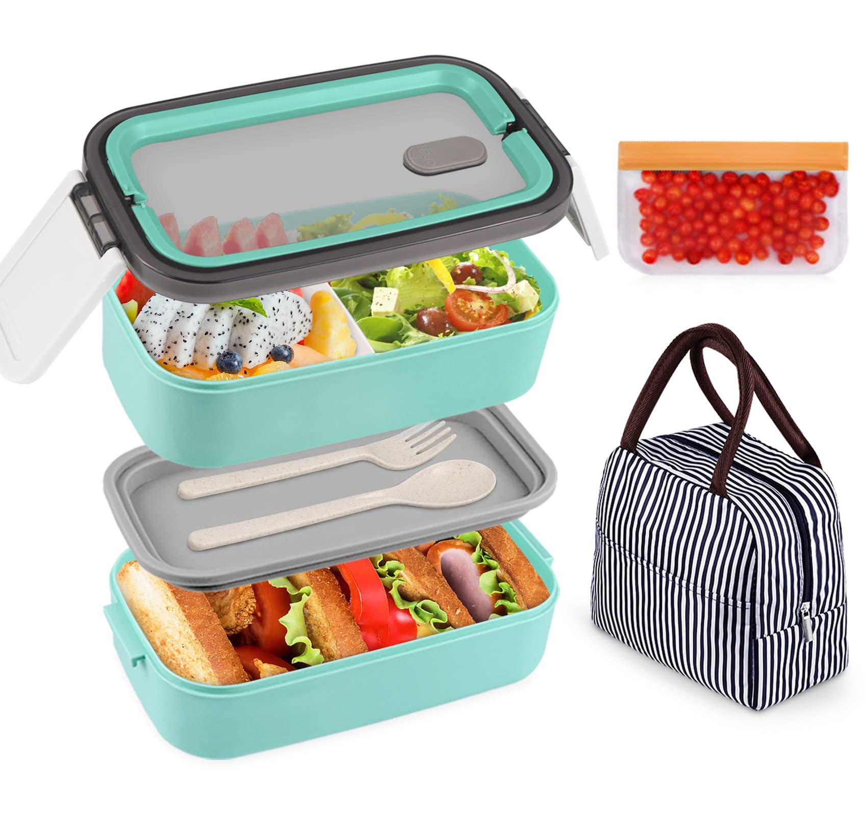 NatraProw Bento Box Adult Lunch Box, Bento Lunch Box For Adults Leak Proof, 2 Layer Bento Snack Box Set With Utensils & Bag & handle, Cute Bento Box Lunch Containers, Microwave Safe, BPA-Free(Green)