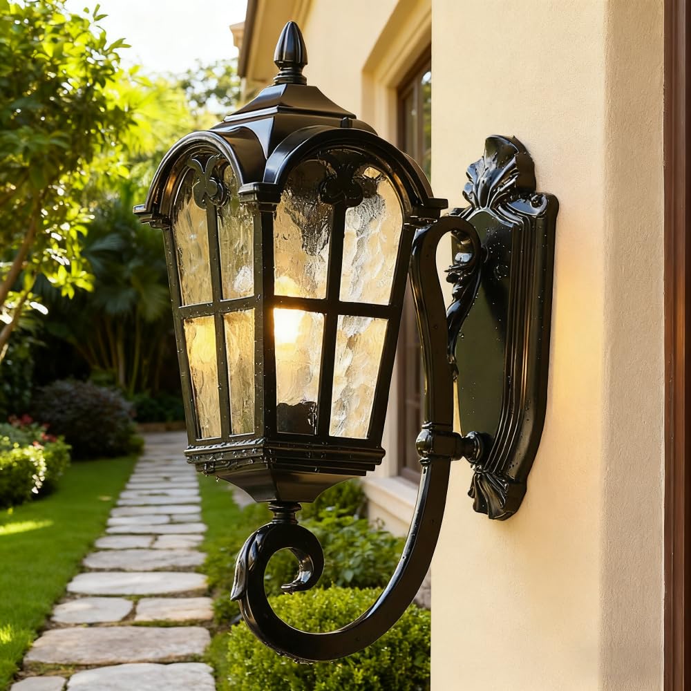 YHYAI European Retro Outdoor Wall Light, Vintage Black Cast Aluminum with Textured Glass Shade Lantern for Porch/Courtyard/Garden Exterior Wall Sconce Lamp​(BD-23)