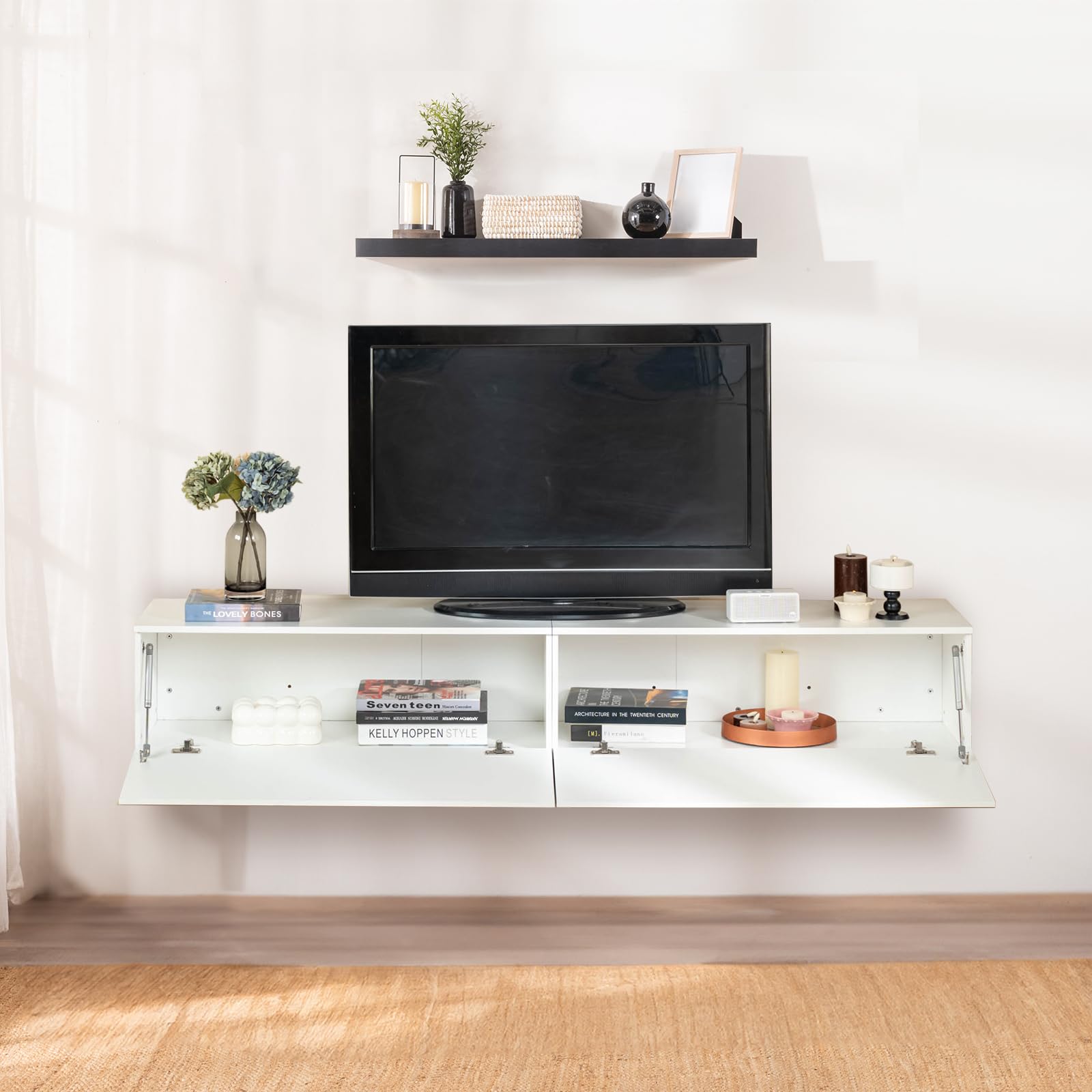 Mobile TV Lowboard 180cm, 2 Scomparti di Stoccaggio, per Televisori fino a 80 Pollici, Bianco per Soggiorno/Camera, Stile Moderno, Bianco 180x33x30cm
