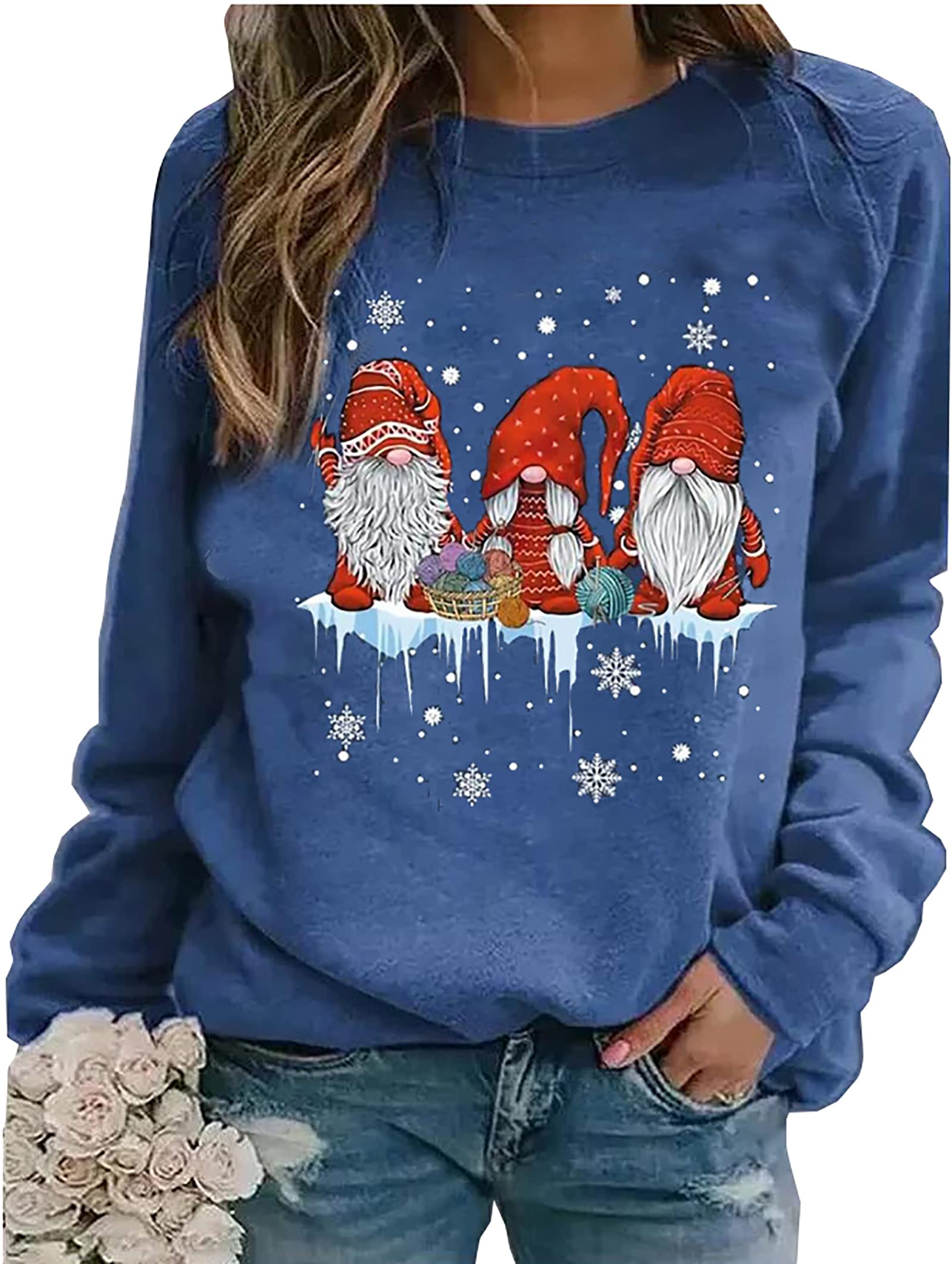 LLHXRUI Hanging With My Gnomies Sweatshirts Women Christmas Long Sleeve Pullover Shirts Funny Garden Gnome Graphic Tees Tops