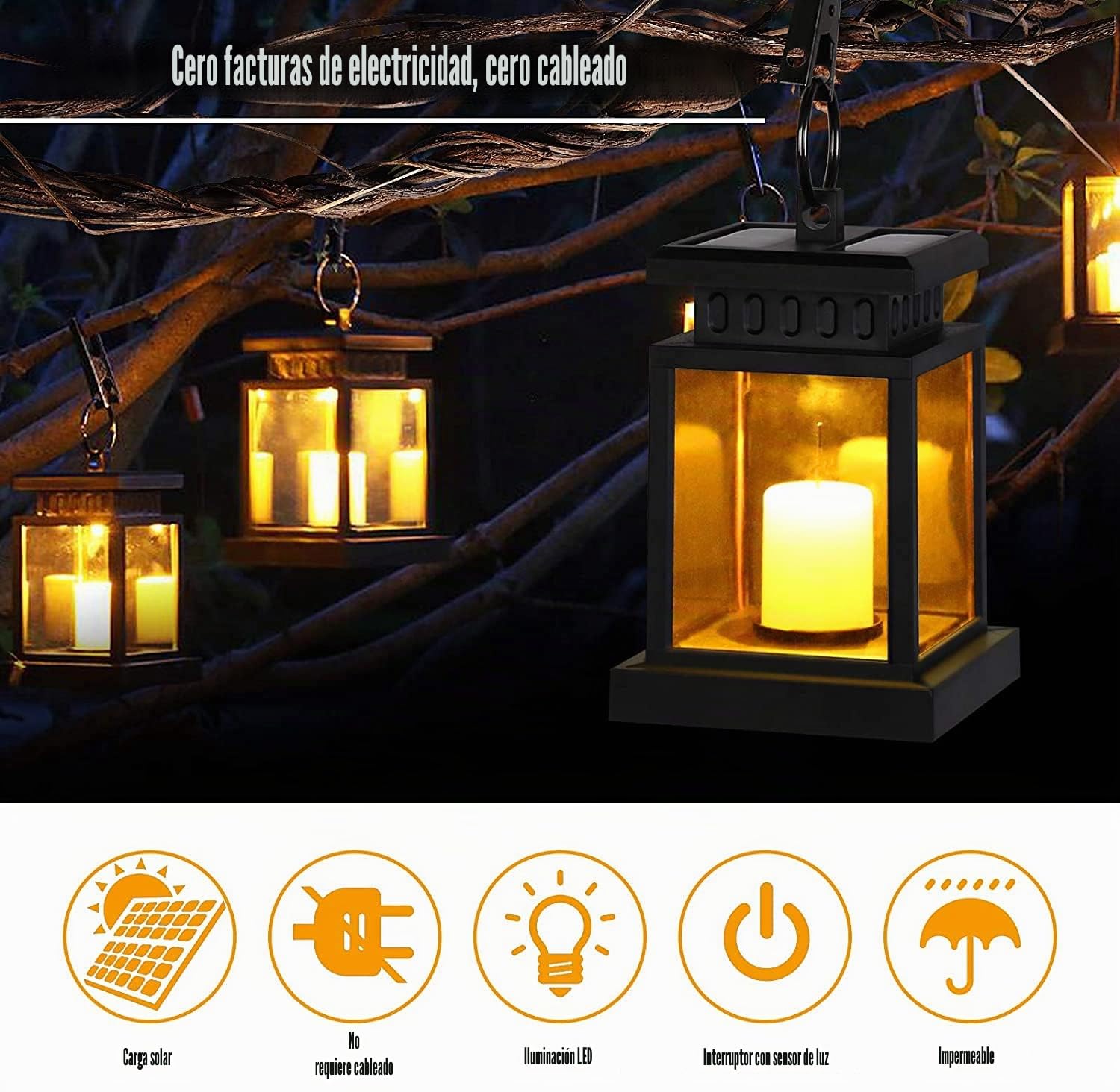 4 piezas de farol solar para exterior con vela LED, farol solar LED, lámparas solares para exterior colgantes con efecto parpadeo, farol LED solar con decoración de velas, lámparas para jardín