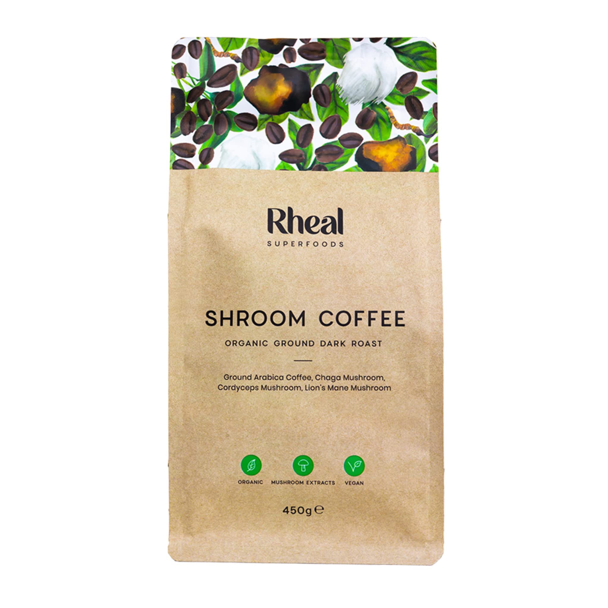 Rheal Mushroom Ground Coffee (Previously Super U), 30 Servings - Organic Arabica Coffee with Lion's Mane, Chaga & Cordyceps Mushroom, Dark Roast