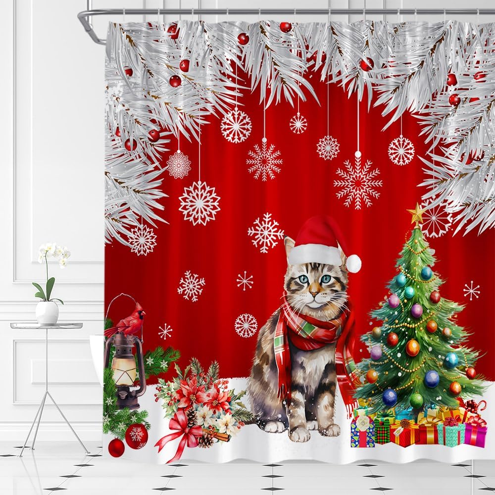Christmas Cat Shower Curtain Xmas Tree Winter Snowflake Pine Berry Animal Holiday New Year Bathroom Curtain Fabric with Hooks(70" Wx84 H)