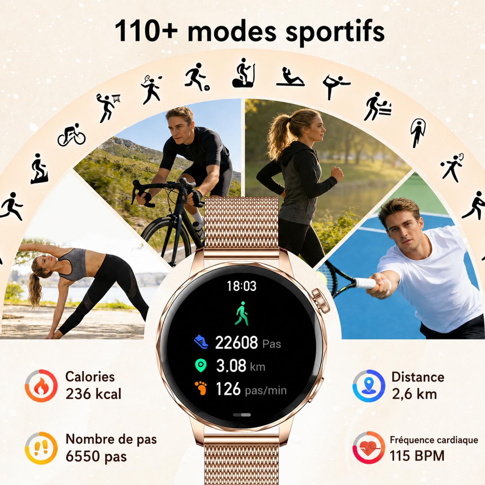Efolen Montre Connectée Femme avec Appel Bluetooth, 1.27" Smartwatch Femme Ronde avec 2 Bracelets, Fréquence Cardiaque SpO2 Sommeil, 100+ Modes Sportifs, Podomètre IP68 pour Android iOS
