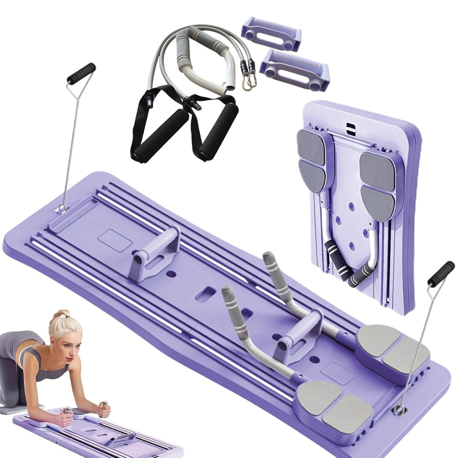 Multifunctional Foldable Pilates Board | Sliding Workout Board | AB Core Trainer with Timer | Abdominal Plate with Resistance Rope, Automatic Rebound, and Elbow Support