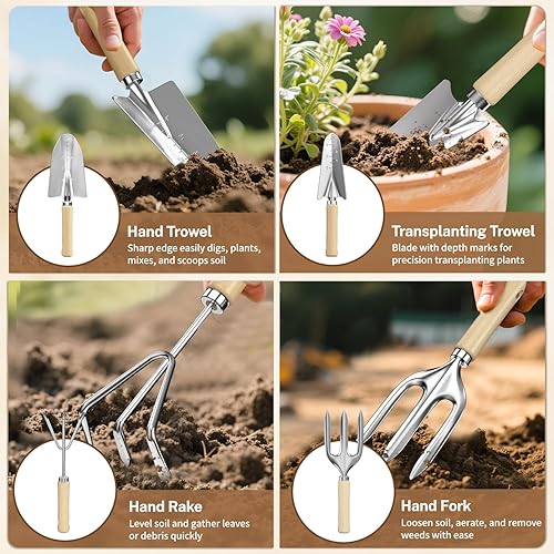 Miniatura 6 de LASZOLA Juego de 9 herramientas de jardín con bolsa de mano y pala de rastrillo de pala, kit de jardinería de acero inoxidable resistente para