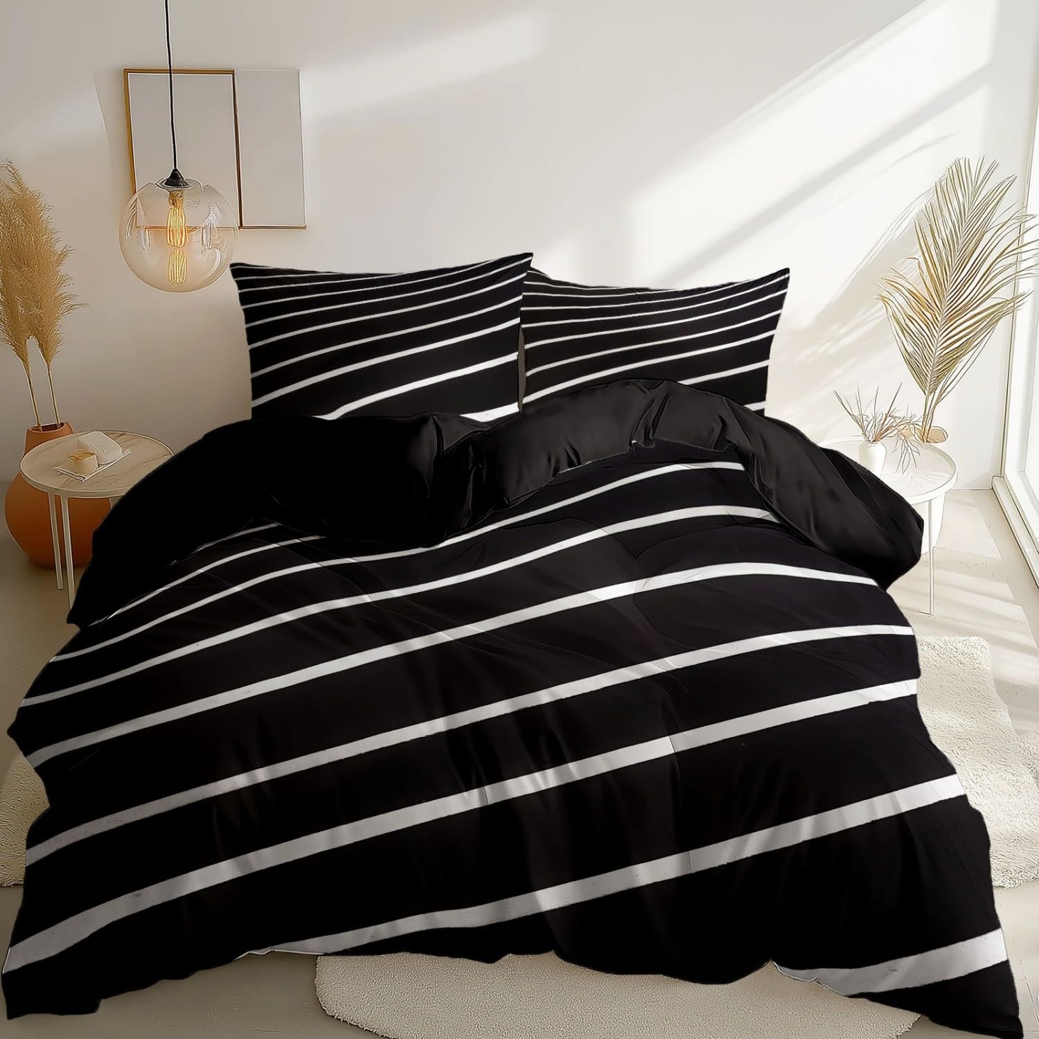 155x220 cm Bettwäsche Schwarz mit Streifen Linien Muster, 3-teiliges Set Mikrofaser Deckenbezug & 2 Kissenbezug 80x80 cm, Hautfreundlich & Warm Minimalismus Bettbezug für Teenager