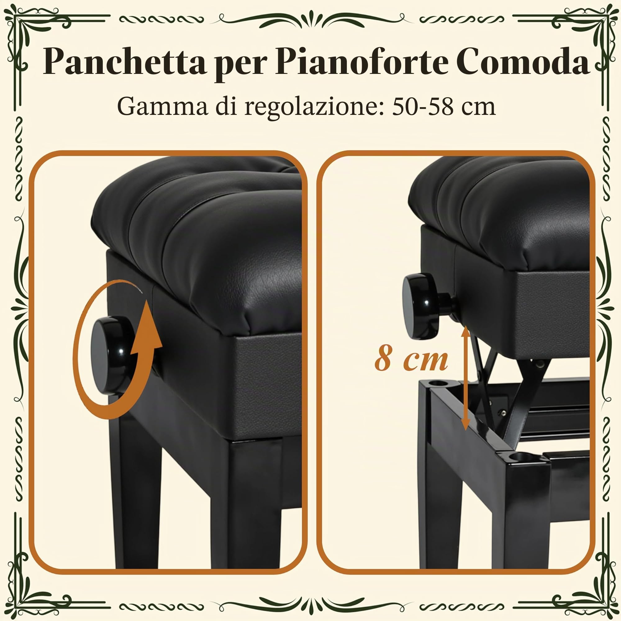 Clevich Sgabello per Pianoforte Duetto, Regolabile in Altezza 50 – 58 cm, con Vano Portaoggetti, Panca per Pianoforte con Cuscino in Pelle PU, con Gambe Curve in Legno, Portata Fino a 200 kg, Nero