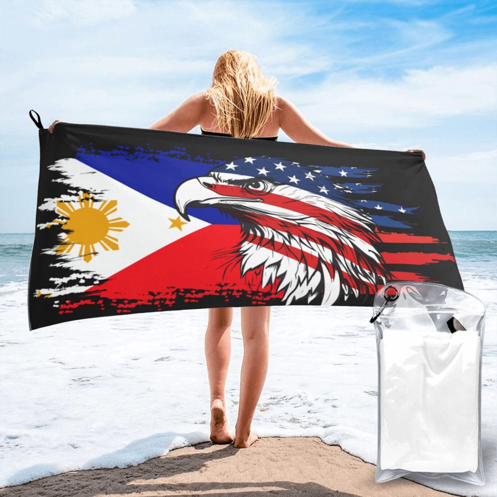 HACXZ America Flag and Philippines Flag Microfiber Beach Towel Lightweight Absorbent Travel Pool for Men Women 31.5"X63"
