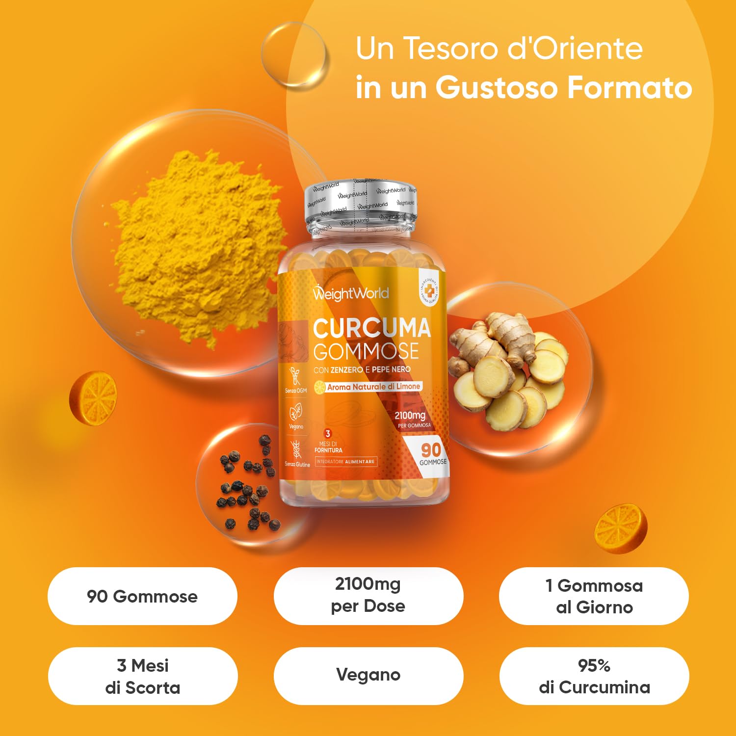 Curcuma Piperina Zenzero, 90 Gommose Vegane, 1 al Giorno (per 3 Mesi), 2100mg per Gommosa, 95% di Curcuminoidi, Curcuma Longa con Zenzero e Pepe Nero, Aroma Naturale di Limone, Senza Glutine né OGM