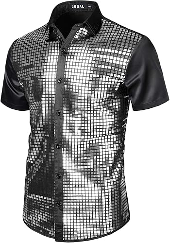 Miniatura 2 de JOGAL Camisa de discoteca de los años 70 para hombre, disfraz de fiesta de lentejuelas plateadas, camisas de manga corta con botones