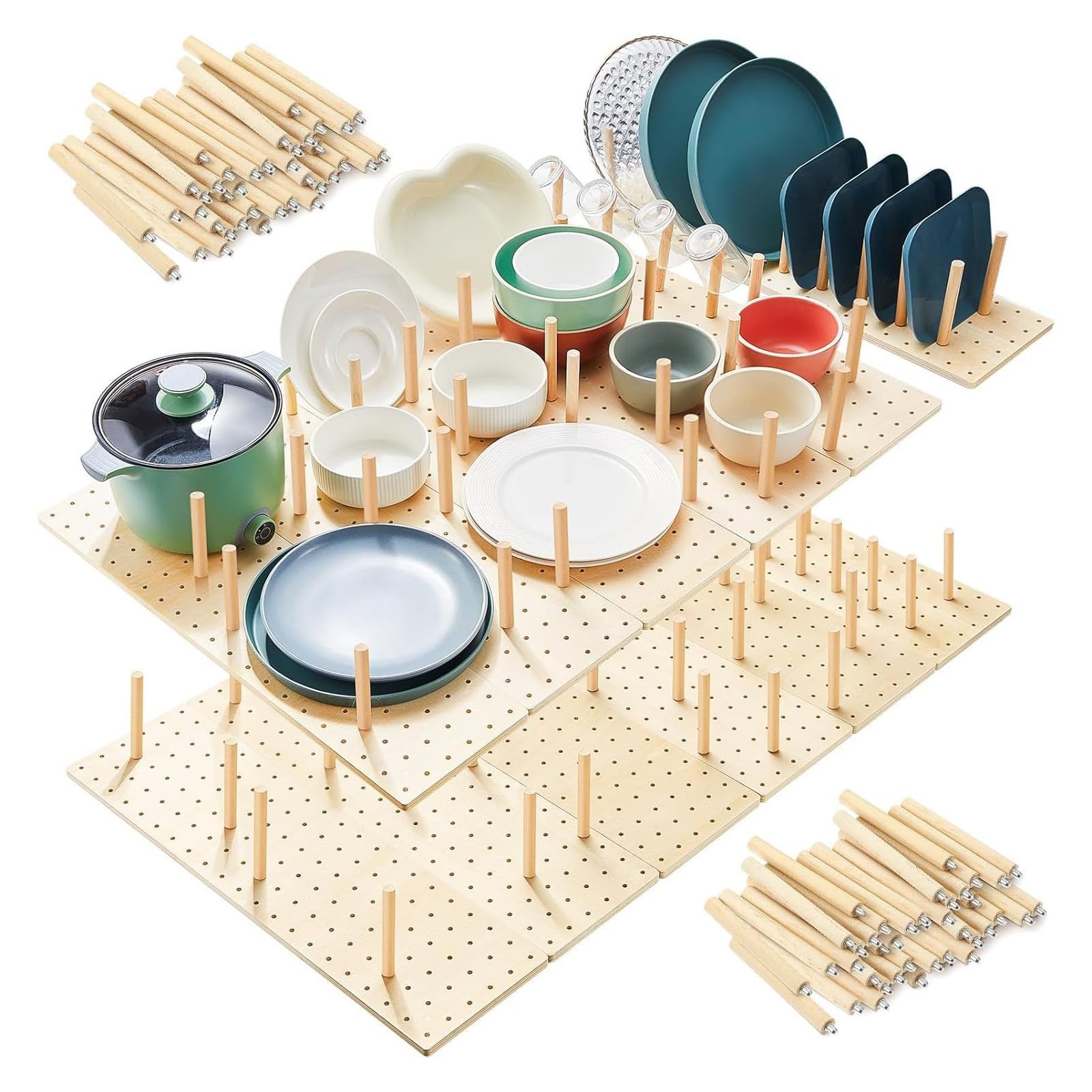 Stecktafel Schublade Organiser, 4 Stück Holz Peg Board System mit 32 Holzstab, 53.3 x15 x1cm Einstellbare Holz Teller Organizer Tablett, Schublade Organizer für Geschirr, Küche Stecktafel