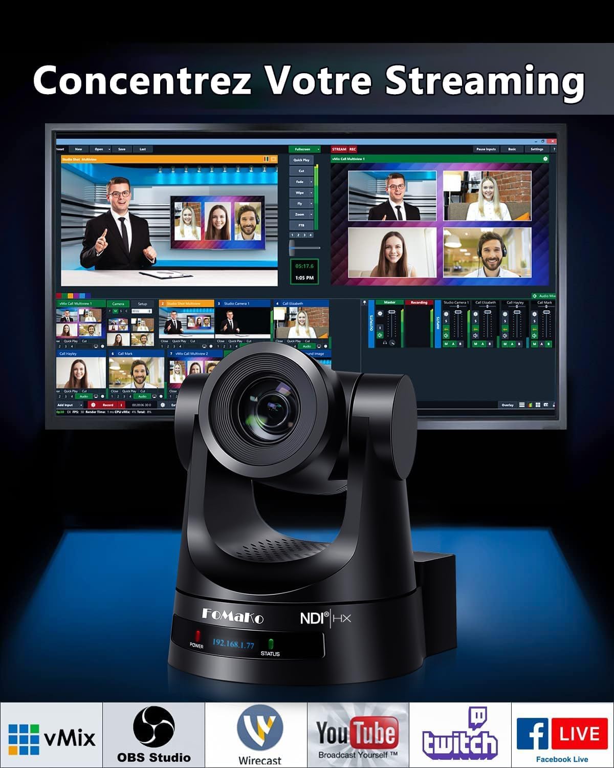 FoMaKo BN302 Ensemble de Caméra PTZ NDI HX3, 30x Zoom Optique, Suivi-Automatique IA 1080P 60ips avec 3G-SDI HDMI USB3.0 LAN(NDI|HX3, NDI6, PoE), 2*Caméra 30x Zoom NDI + 1* Contrôleur PTZ NDI