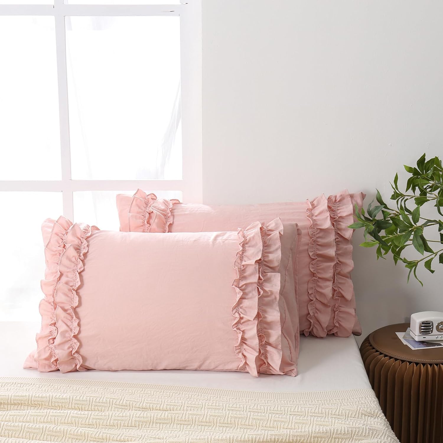 Herside Pink Ruffle King Size Pillowcase Set of 2,Chic Ruffle Pillow Sham,20x36 inches Pillow Covers,French Country Vintage Ruffled Pillowcases 2 Pack,Ultra Soft Microfiber(Pink,King)