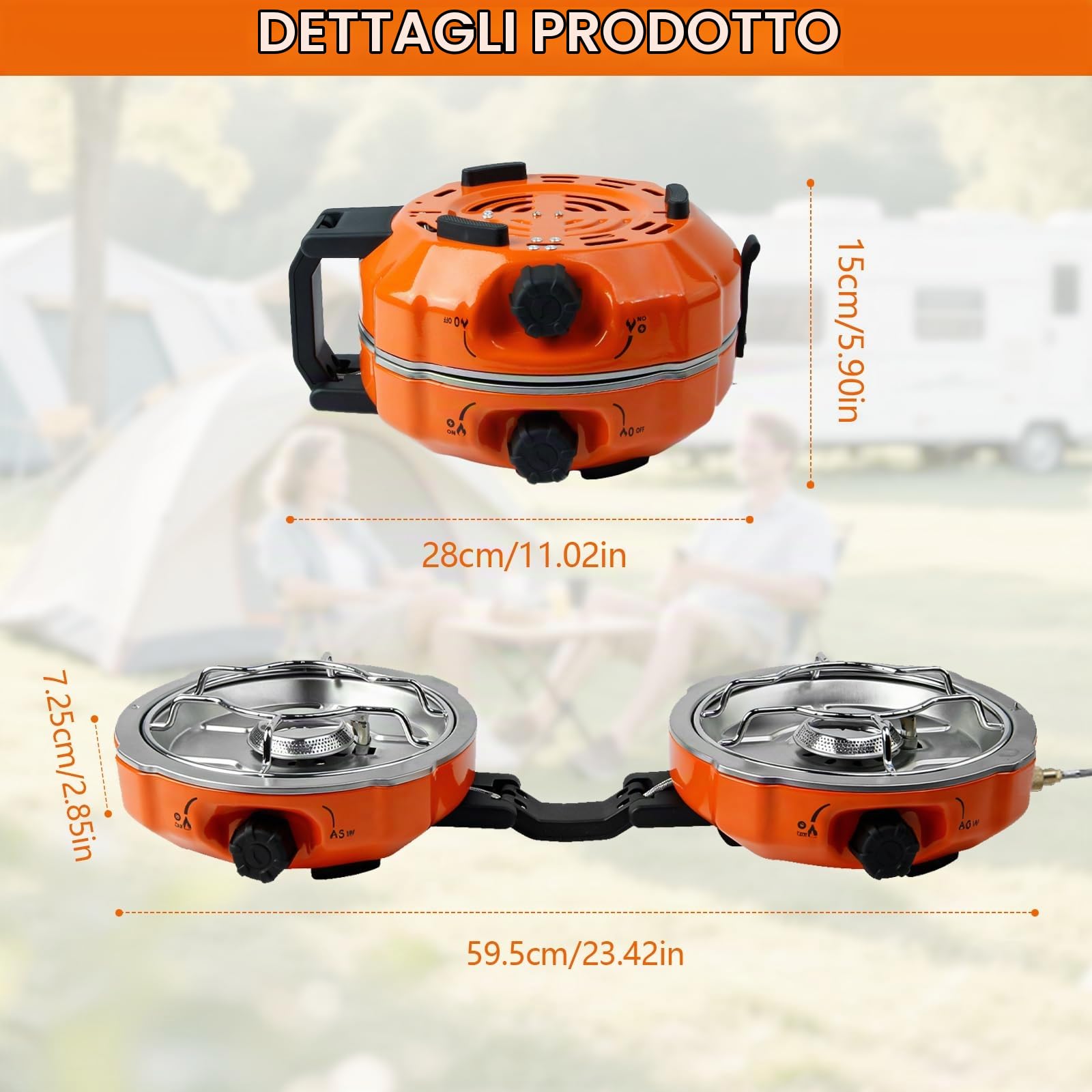 Fornello da Campeggio a 2 Fiamme, Collapsible Portatile Fornello da Gas a 2 Fuochi con Bruciatore Regolabile e Accensione Piezoelettrica per Campeggio, Escursionismo e Emergenze