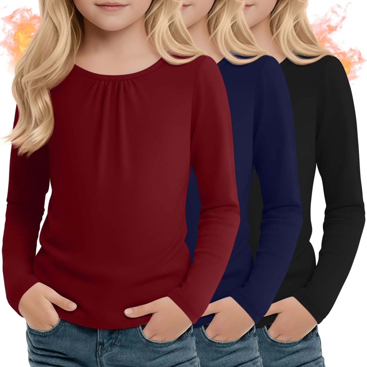 3 Packs Girls Long Sleeve Thermal Shirts Round Neck Fleece Lined Tops Base Layer Soft Basic Tees Warm Plain Clothes