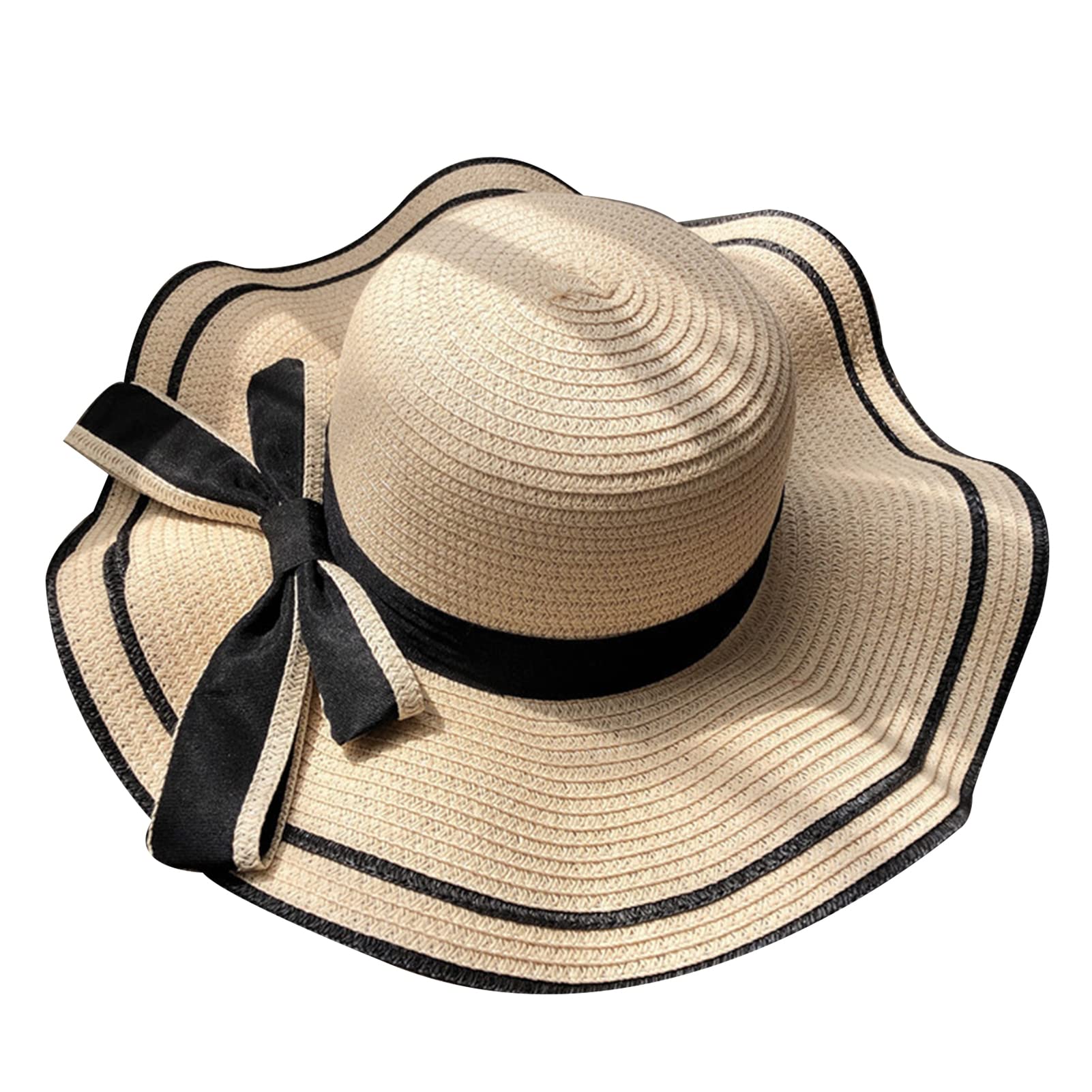 Altsuceser Sombrero de paja de playa para mujer con decoración de lazo, sombrero de borde rizado de ala ancha para verano