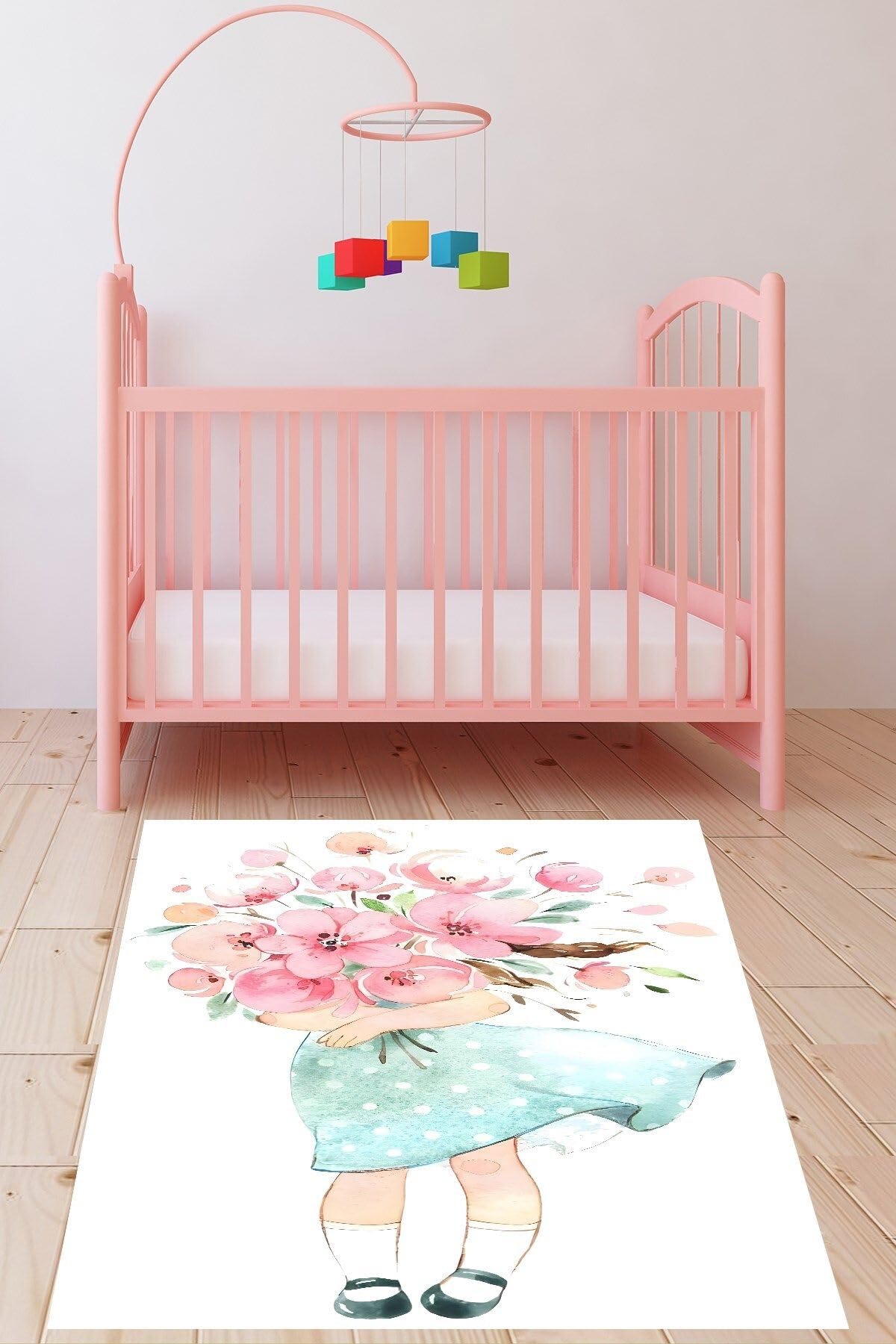 Pelangi Çiçek Buketi Taşıyan Sevimli Kız Yıkanabilir Kaymaz Taban Leke Tutmaz Çocuk Odası Halısık, Pembe-Beyaz-Mavi 180 x 280, 76420141802801