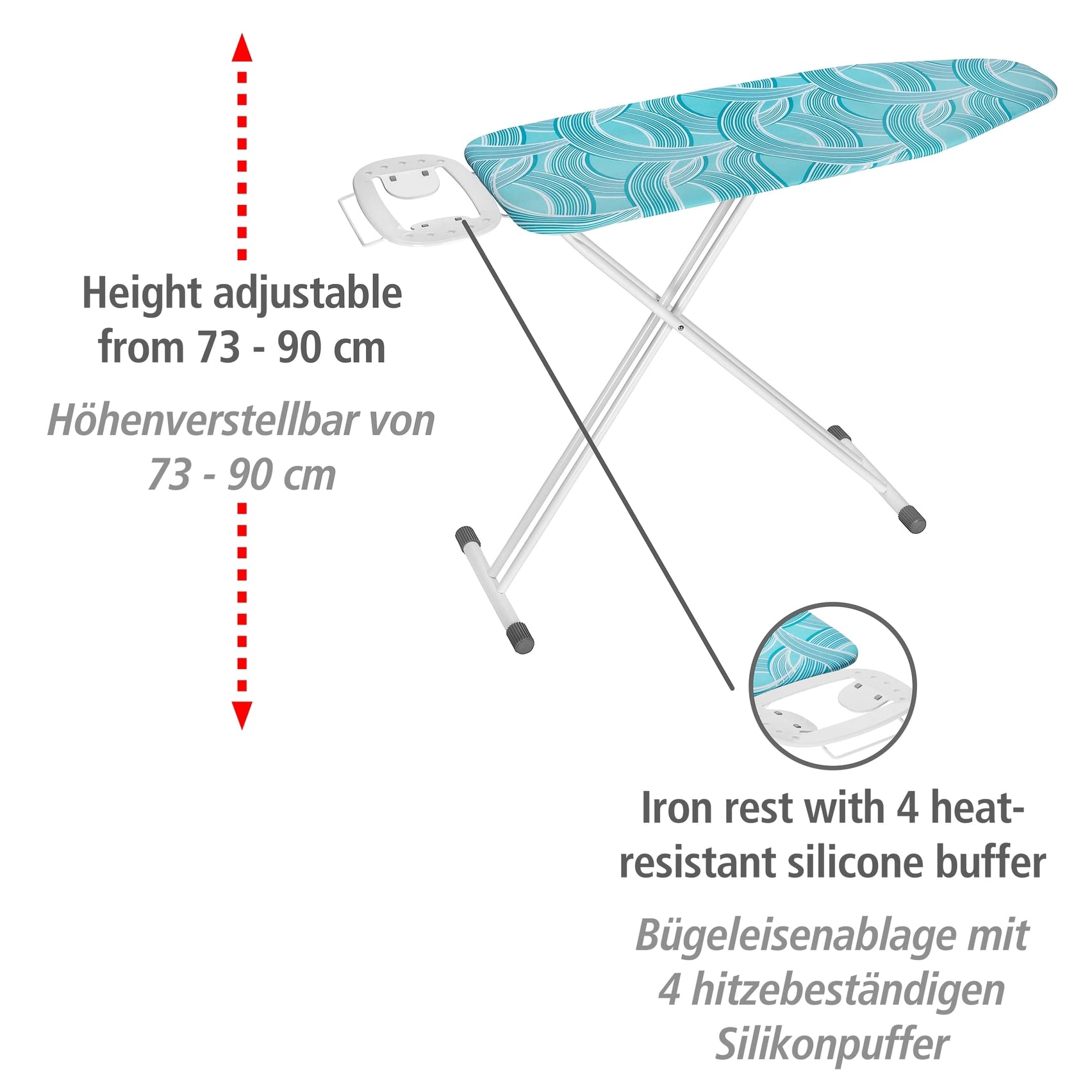 WENKO Bügeltisch Supreme, Bügelbrett mit großer Bügelfläche (120x42 cm) und extra dicker Polsterung, rückenschonend höhenverstellbar, stabiles Gestell aus Metall in Weiß, zusammengeklappt: 164x42x6 cm