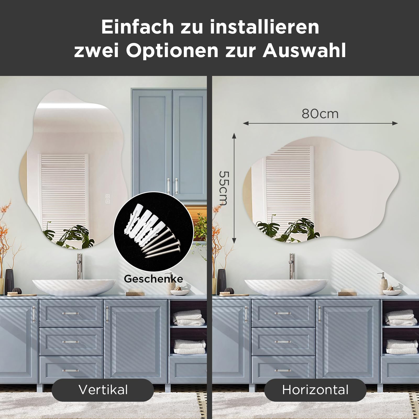 SANYCASA Intelligenter Badezimmerspiegel 80x55cm mit LED, Anti-Beschlag, bruchsicher, dimmbar, 3 Farbtemperaturen, asymmetrisch (horizontal/vertikal)