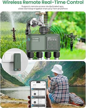 Smart Sprinkler Timer 4 Zone for Garden Hose, WiFi Water Timer with 984ft RF Range, Smart Lawn Watering System Irrigation Controller, APP/Voice Control, Rain Delay, Automatic/Manual Irrigation