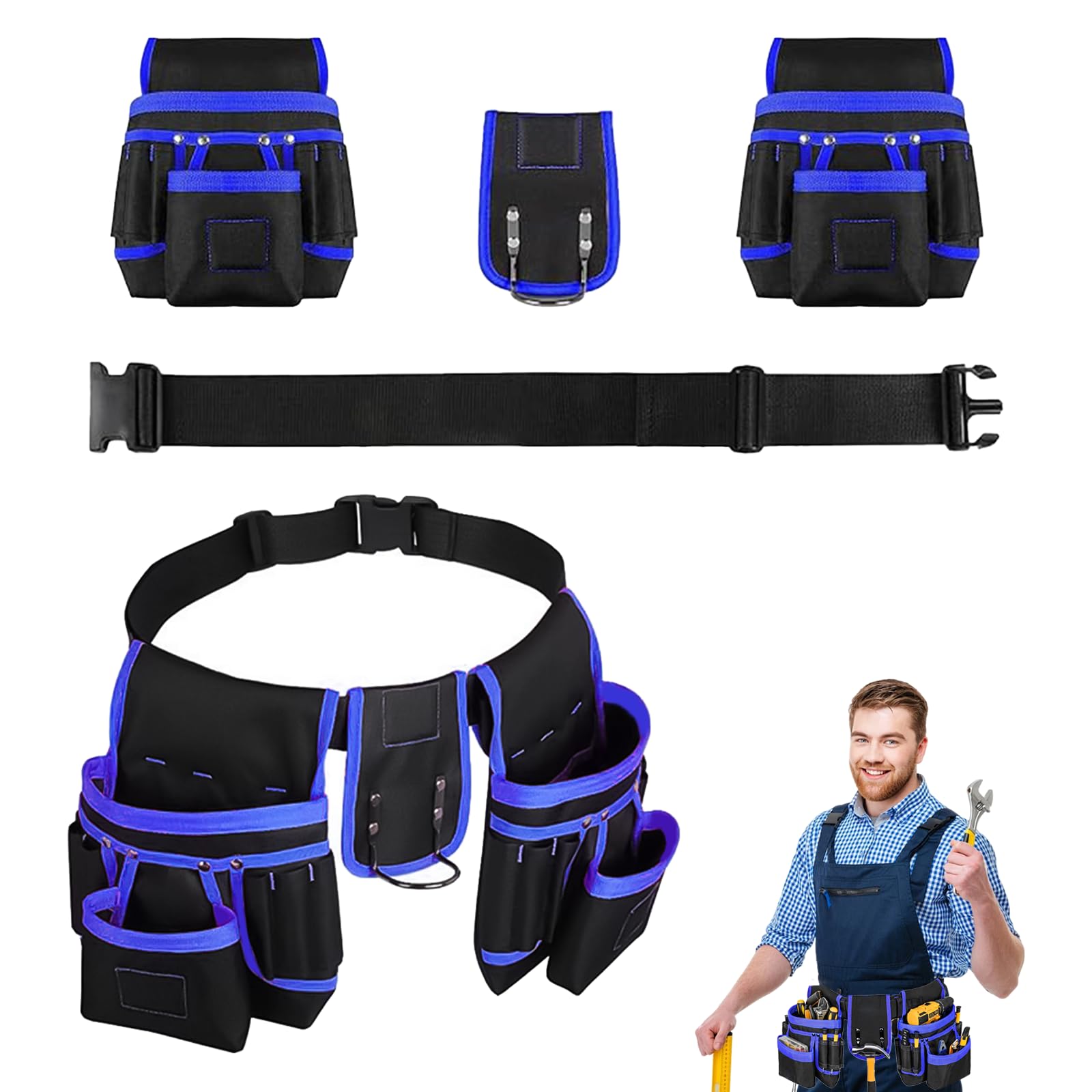 POPOPIE Cintura Porta Attrezzi,Regolabili Staccabili Cintura Elettricista,Cinturà per Attrezzi da Lavoro con 26 Tasche,per Elettricista Falegname Edilizia Manutenzione,Nero-Blu
