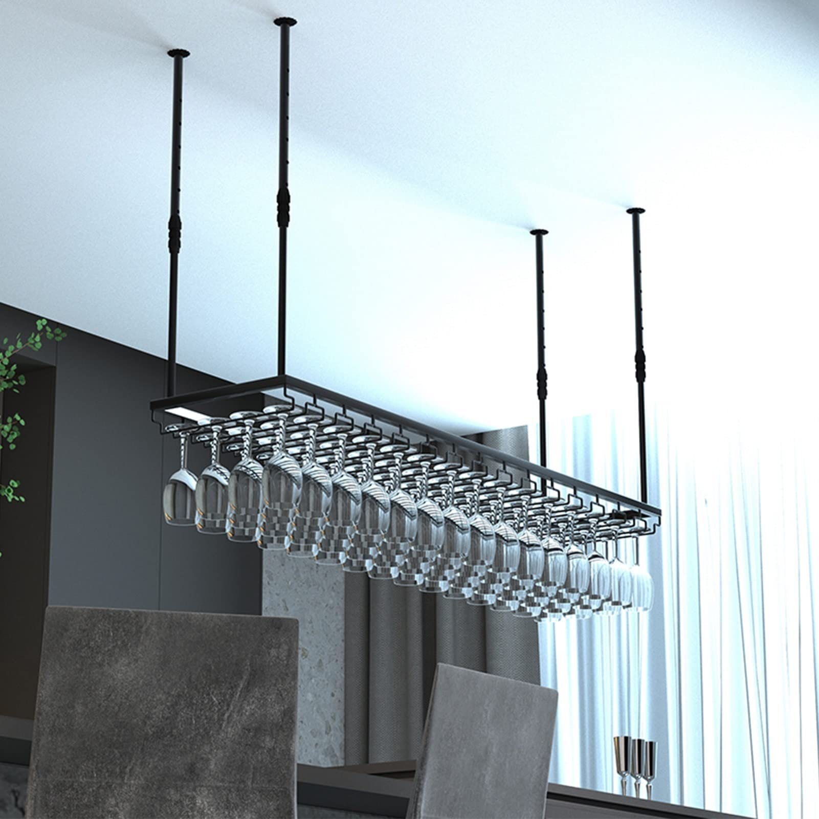 Estante para vinos para Colgar en el Techo/Estante para Copas de Vino bajo el gabinete/Soporte para Copas de Vino invertido/Estante de Almacenamiento Ajustable/Negro