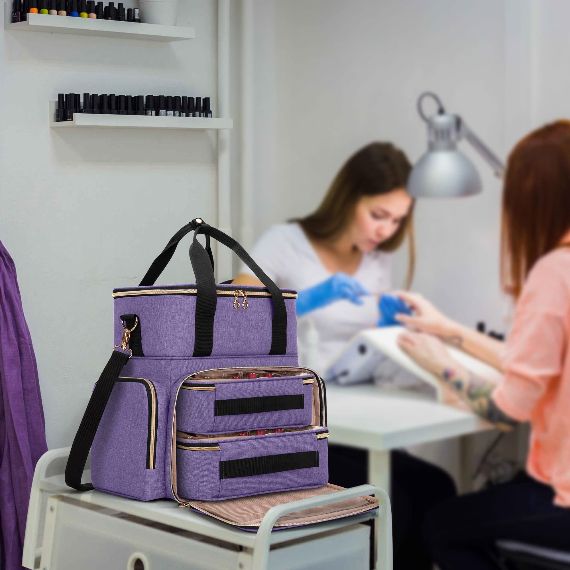 Luxja Organizer na lakier do paznokci mieści 70 butelek i lampę do paznokci, etui na lakier do paznokci z 2 wyjmowanymi torbami i kieszeniami na narzędzia (zgłoszony do opatentowania), Fioletowy,
