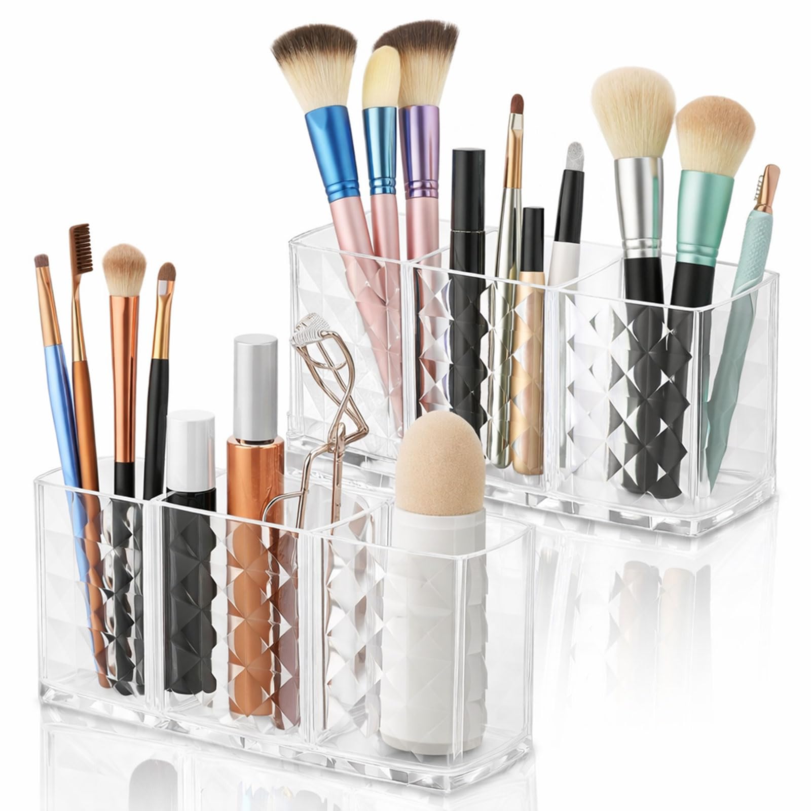 Sythrix Transparent 2-Pack Makeup Brush Holder Acrylic Organiser, 3-Slot Cosmetic Brush Pot With Lid, Vanity Storage For Brushes, Eyeliners, Lipsticks, Makeup Counter Organiser