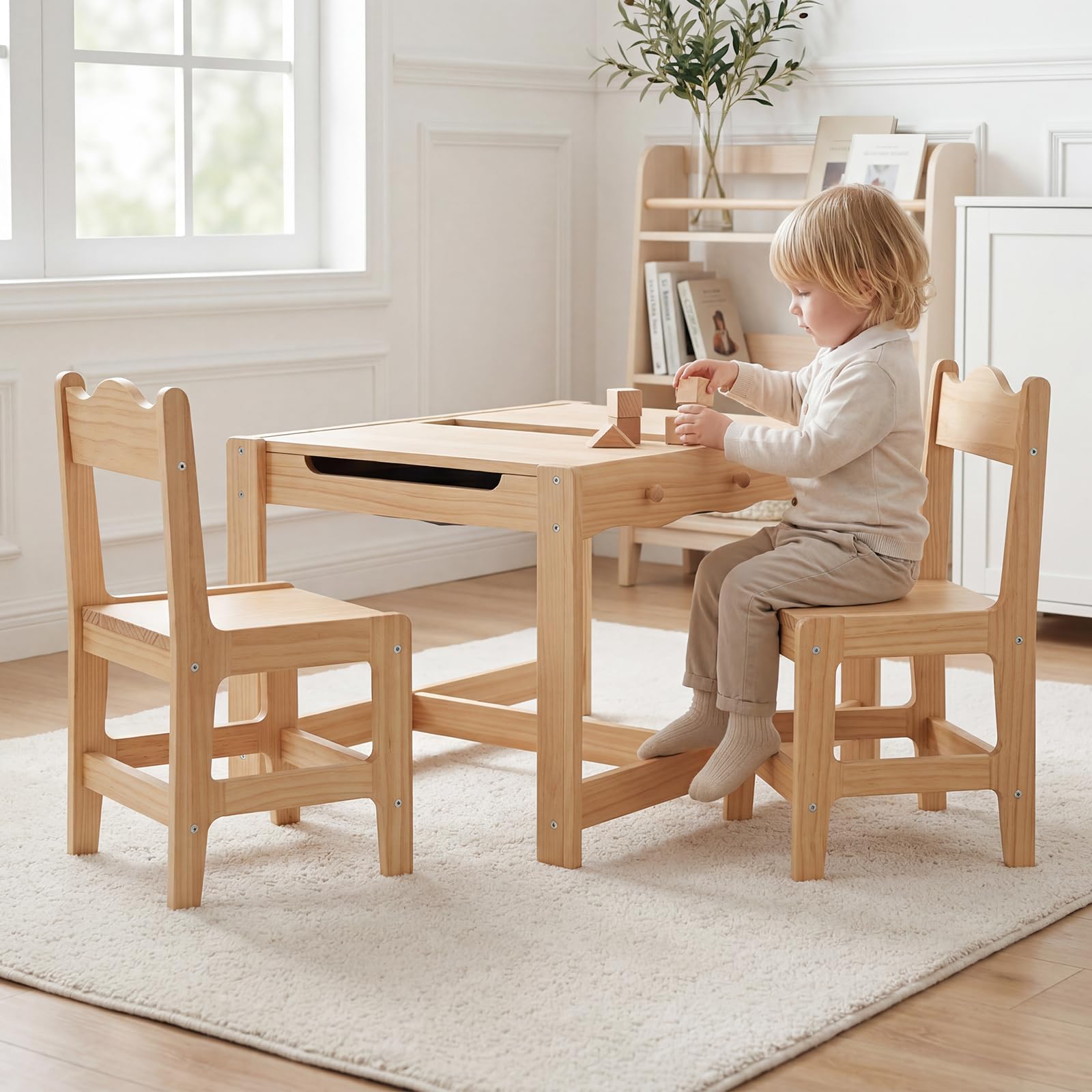 chairus 3 en 1 Table Enfants avec 2 Chaises, Réversible à Double Face avec Tableau Noir, Grand Rangement caché, Crochets latéraux, Coins arrondis, Table pour Dessiner Apprendre Bois Naturel