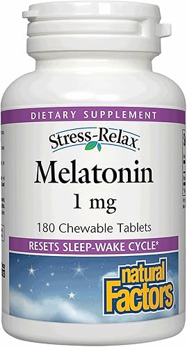 Melatonina Stress-Relax 1 mg por Natural Factors, Natural Sleep Aid, restablece el ciclo de sueño-vigilia, 180 tabletas masticables (180 porciones),
