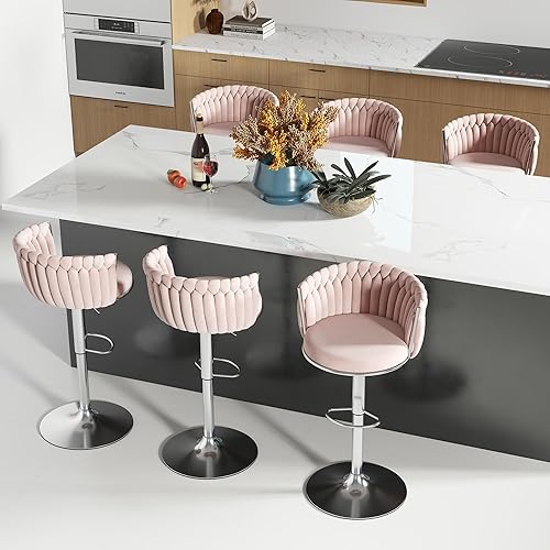 Miniatura 19 de Juego de 2 taburetes de bar dorados ABET, taburetes de bar de terciopelo giratorios, taburetes de altura ajustable con respaldo tejido, taburetes de