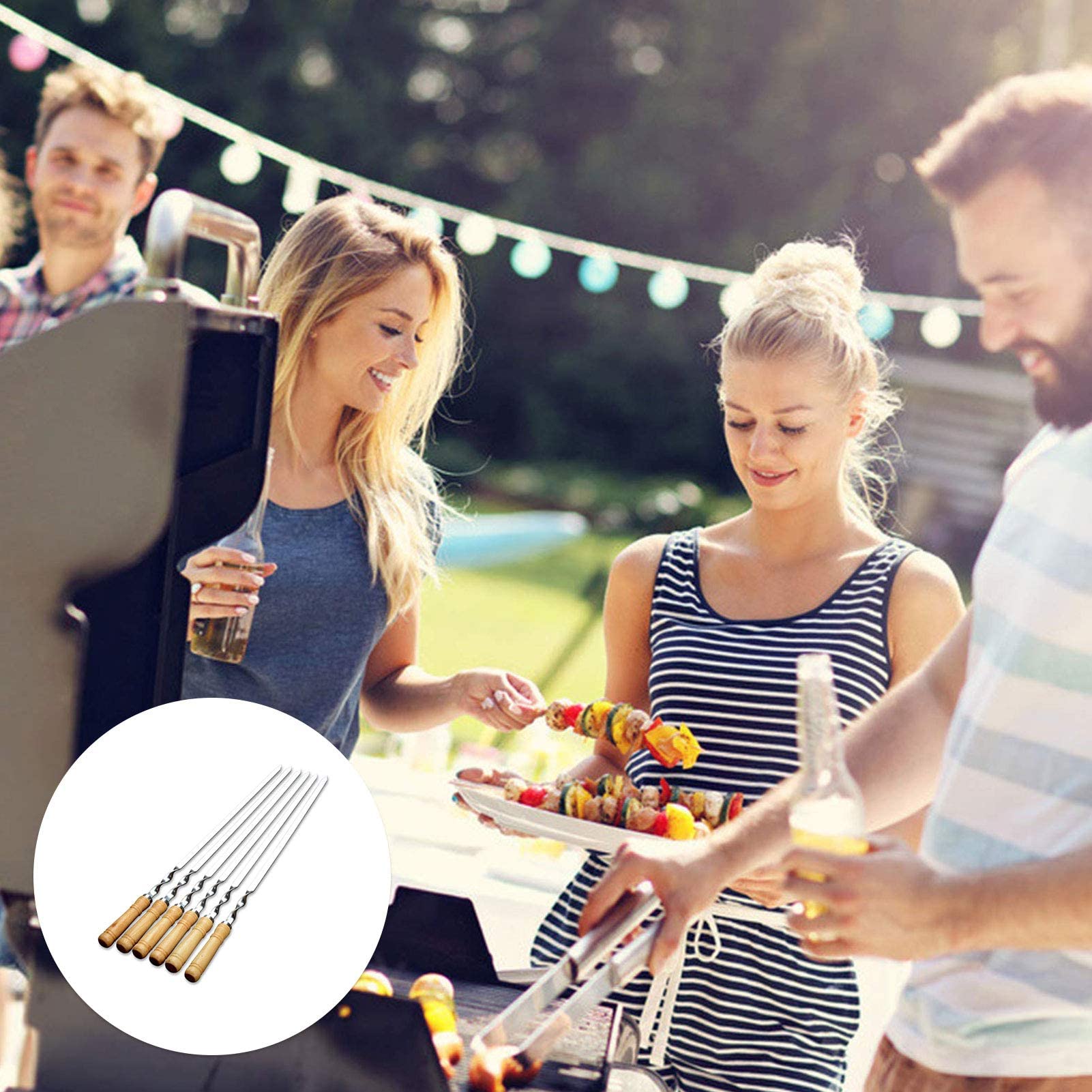 Brochetas De Kebab Reutilizables, 6 Piezas Brochetas De Barbacoa Planas De Acero Inoxidable con Mango De Madera, Palitos De Brocheta De Metal Brochetas Planas Para Asar, Para Dispositivo De Hilo De