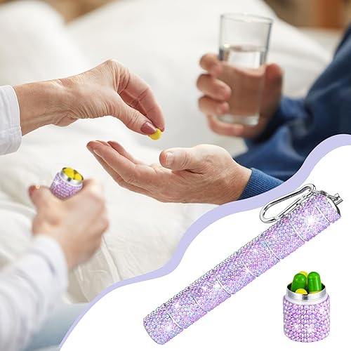 Miniatura 6 de Tioncy Pastillero portátil con diamantes de imitación para llavero, pequeño con purpurina, impermeable, con brillantina, de aluminio, reutilizable,