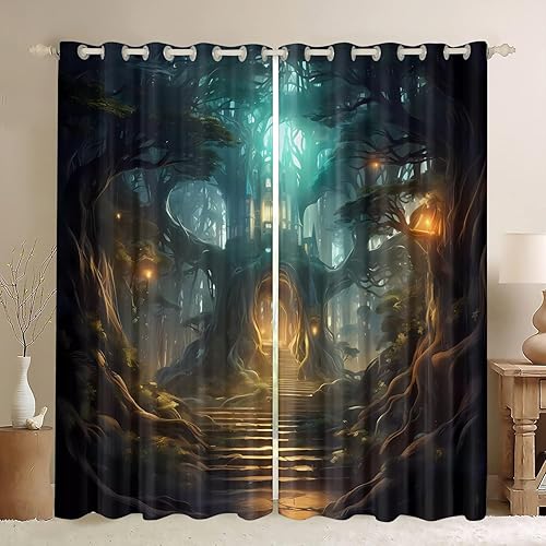 Miniatura 7 de Cortinas japonesas para sala de estar, dormitorio, cortinas opacas de paisaje de 54 pulgadas de largo, cortinas con ojales con aislamiento térmico,