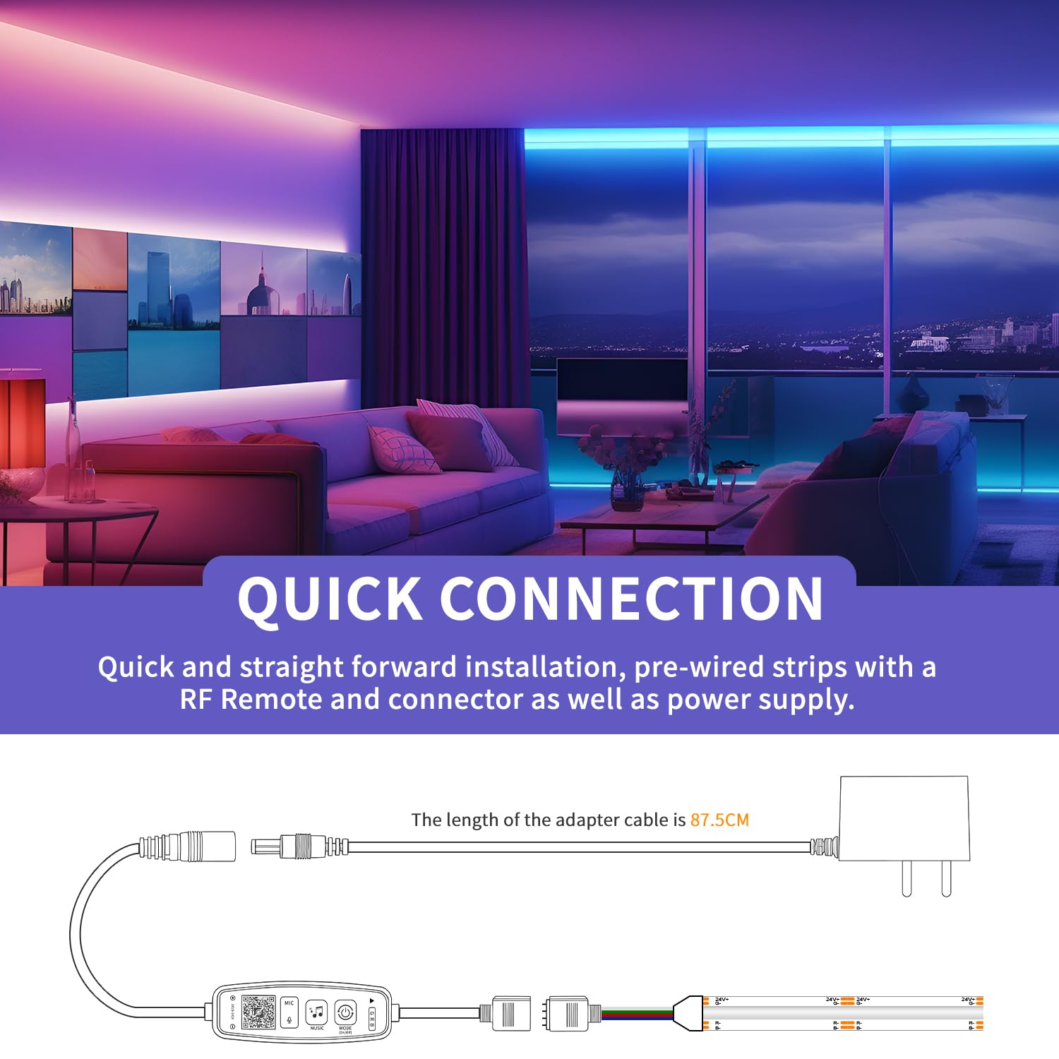 Striscia RGB COB con telecomando 5m ad alta densità DC 24V Band 2880 LED dimmerabile Certificazione UL striscia FCOB CRI 90+, illuminazione colorata per decorazione della stanza