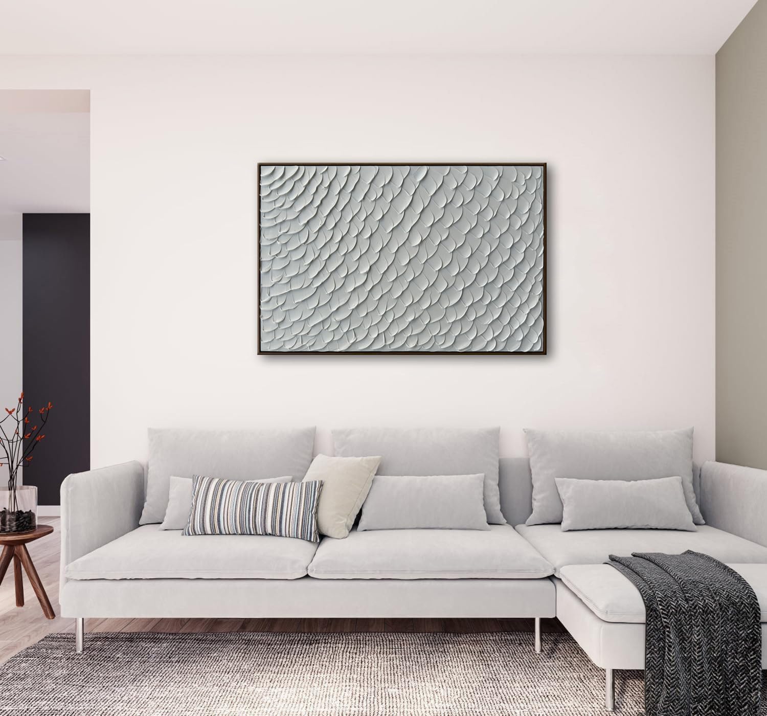 Slyart White Textured Wall Art, Handmade Mermaid Painting Framed Artwork, 3D Vertical Canvas Abstract White Wall Art 24"*36"