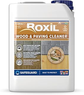 Roxil Holz- und Steinreiniger 5L - Erleichtert Reinigung von Holz- und Steinstrukturen im Garten | Holzreiniger | Ideal für Stühle, Tische, Terrassenplatten, Carports, Gartenhäuser und mehr